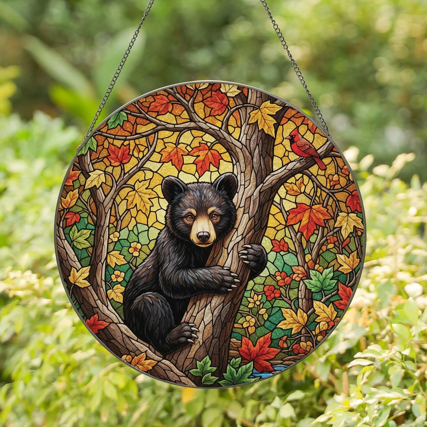 Black Bear Cub Autumn Leaves Red Bird Stained Glass Forest - Home Decor Gift Stained Glass Suncatcher - 1