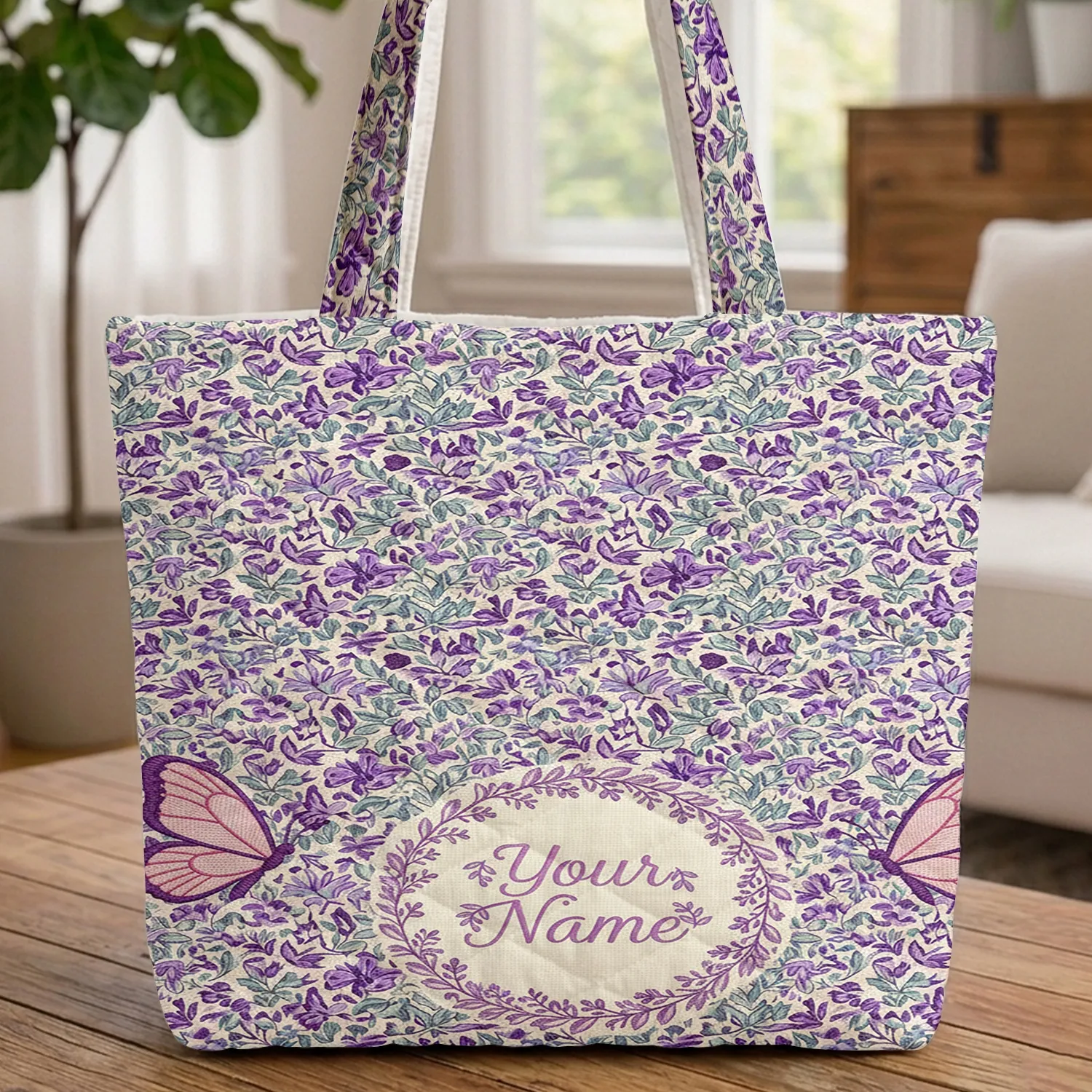 Flowers Leaves Floral Wreath Butterflies Name Everyday Carry Gift Quilted Tote Bag - 1
