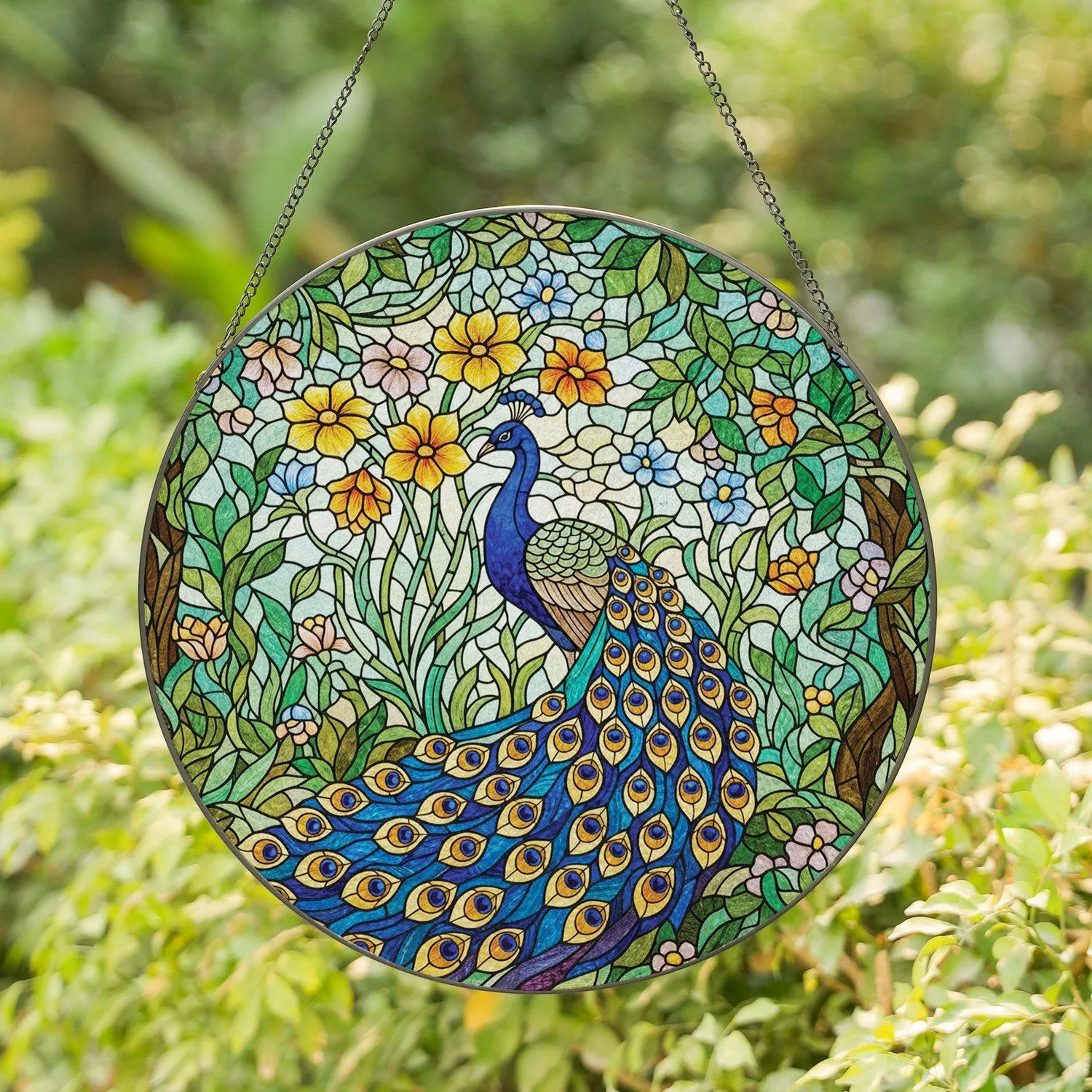 Peacock Flowers Foliage Sky - Home Decor Gift for Bird Watchers & Wildlife Lovers Stained Glass Suncatcher - 1