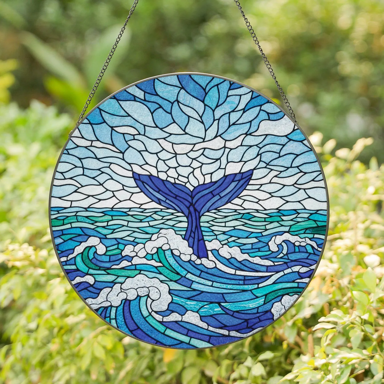 Majestic Whale's Tail Churning Ocean Waves Home Decor Gift for Ocean Wildlife Lover Stained Glass Suncatcher - 1