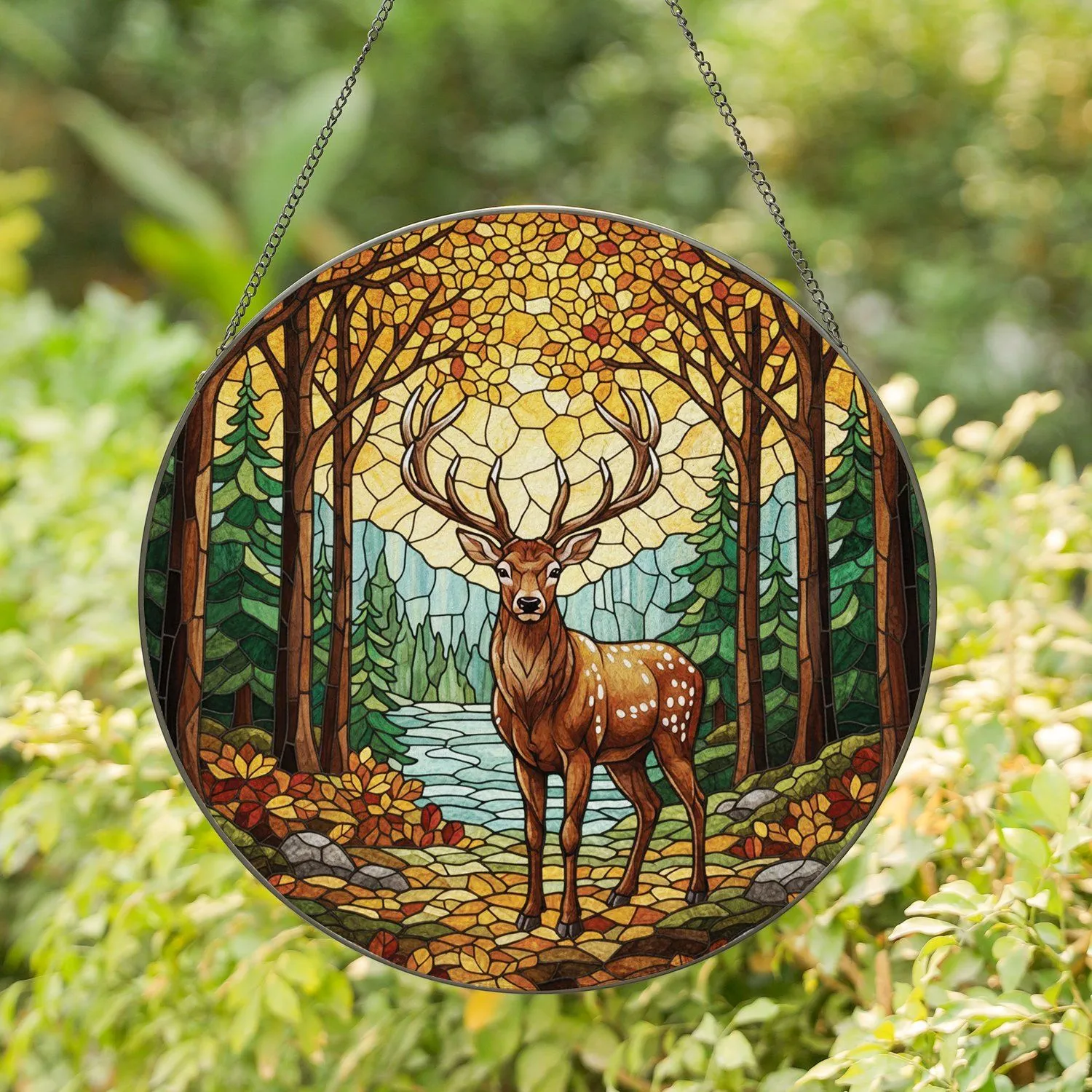 Majestic Brown Stag Multi-Tined Antlers Autumn Leaves Forest Wildlife Lover Gift Stained Glass Suncatcher - 1