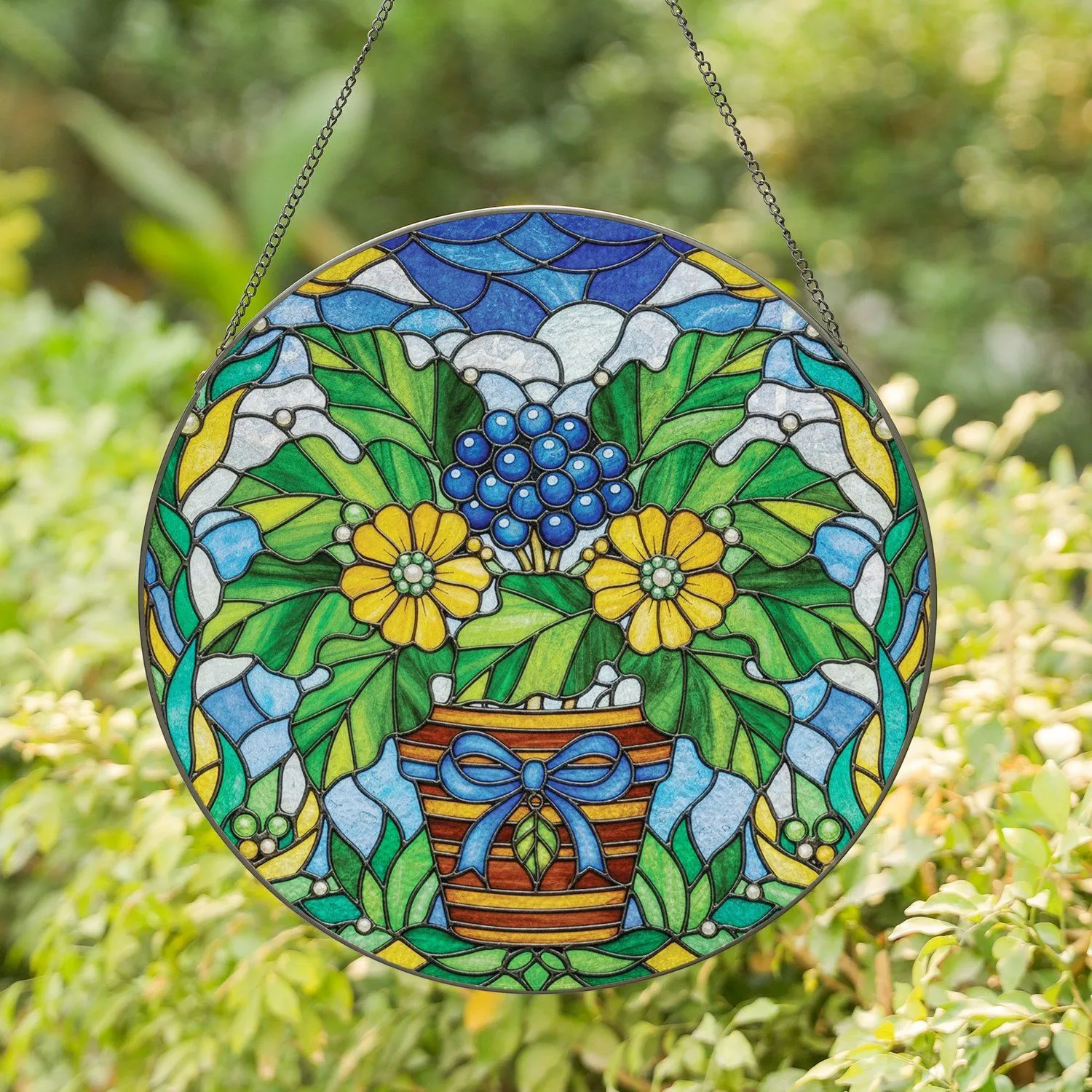 Potted Blue Berries Yellow Flowers Green Leaves Plant - Home Decor Gift for Plant Lover Stained Glass Suncatcher - 1