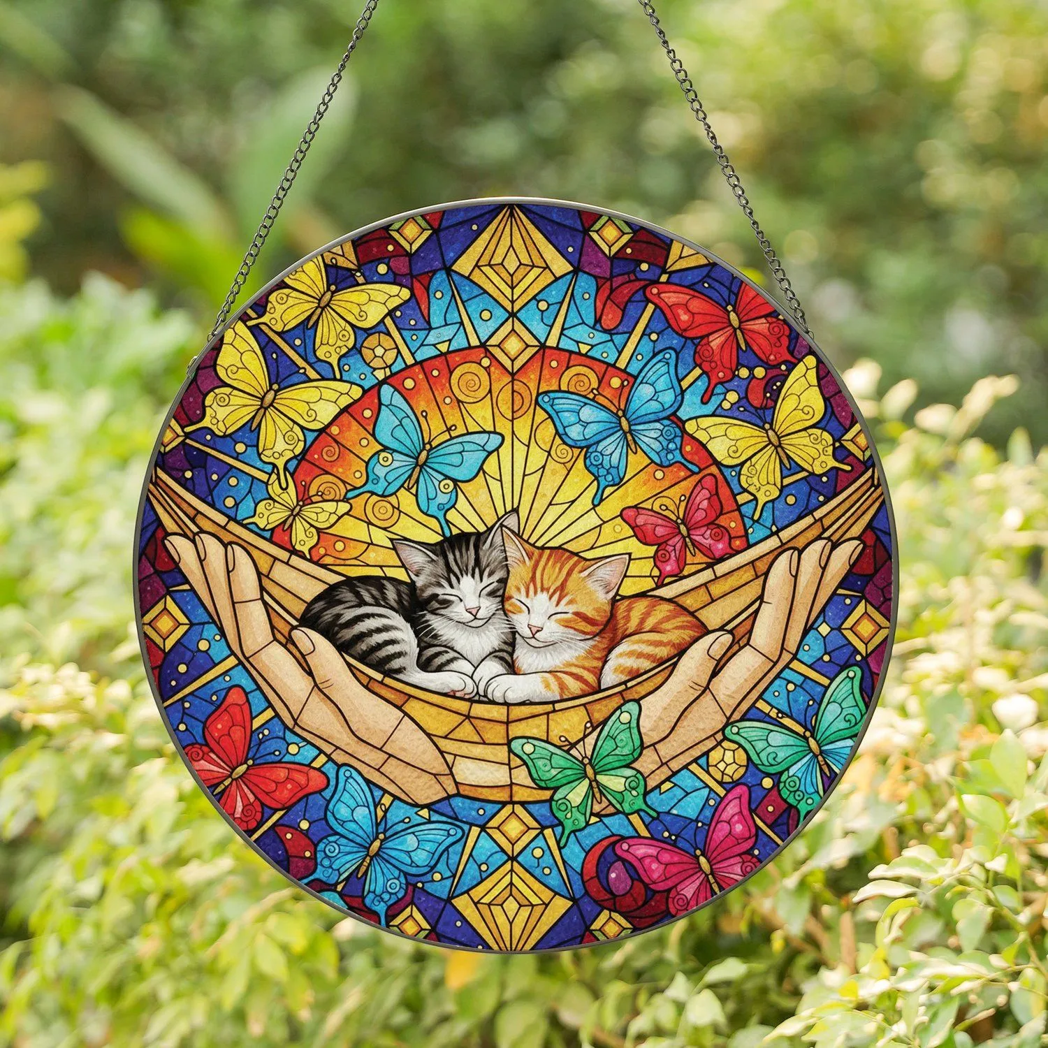 Cuddling Tabby Kittens Butterflies - Tiffany Glass Home Decor Gift for Cat Lover Stained Glass Suncatcher - 1