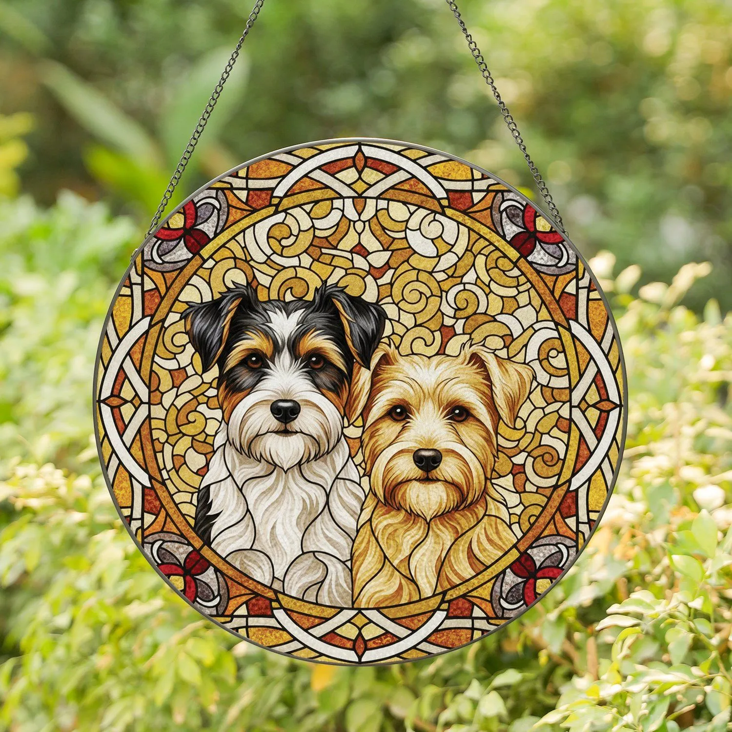 Tri-Color Golden Blonde Terrier Dogs Gentle Expressions - Home Decor Gift for Dog Lover Stained Glass Suncatcher - 1