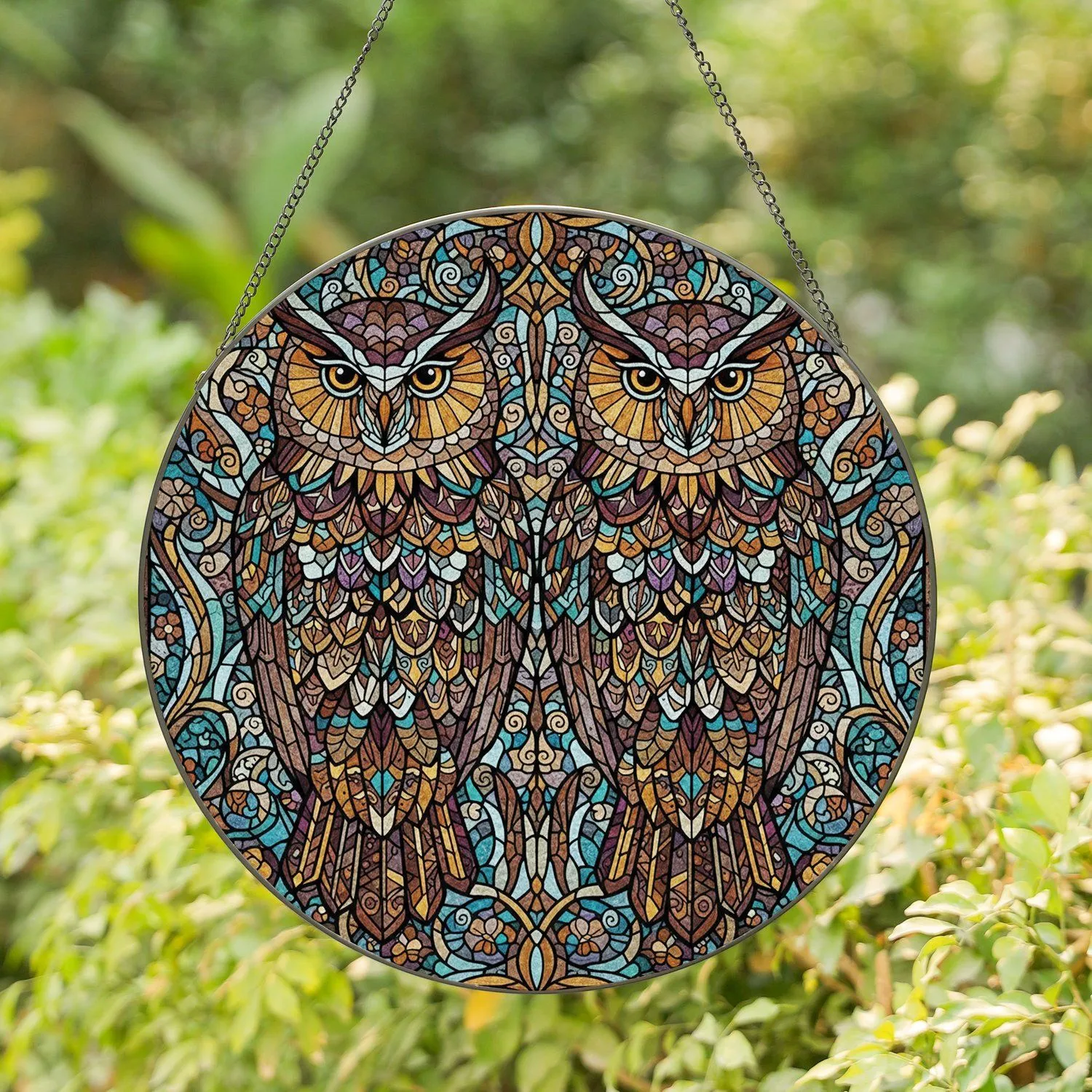 Two Majestic Mirroring Owls with Observant Eyes - Floral Organic Mosaic Home Decor Gift Stained Glass Suncatcher - 1