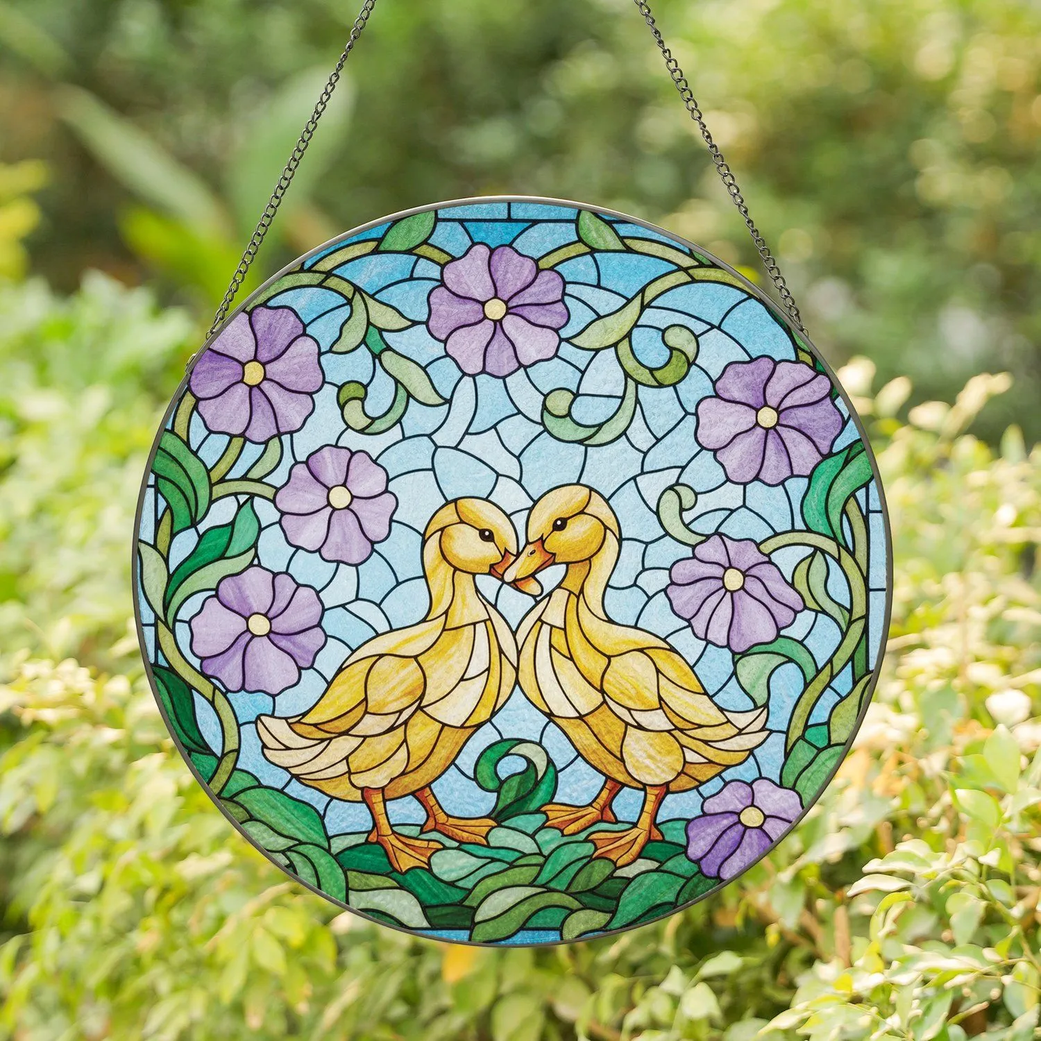 Nuzzling Ducklings Floral Stained Glass - Home Decor Gift for Wildlife Lover Stained Glass Suncatcher - 1