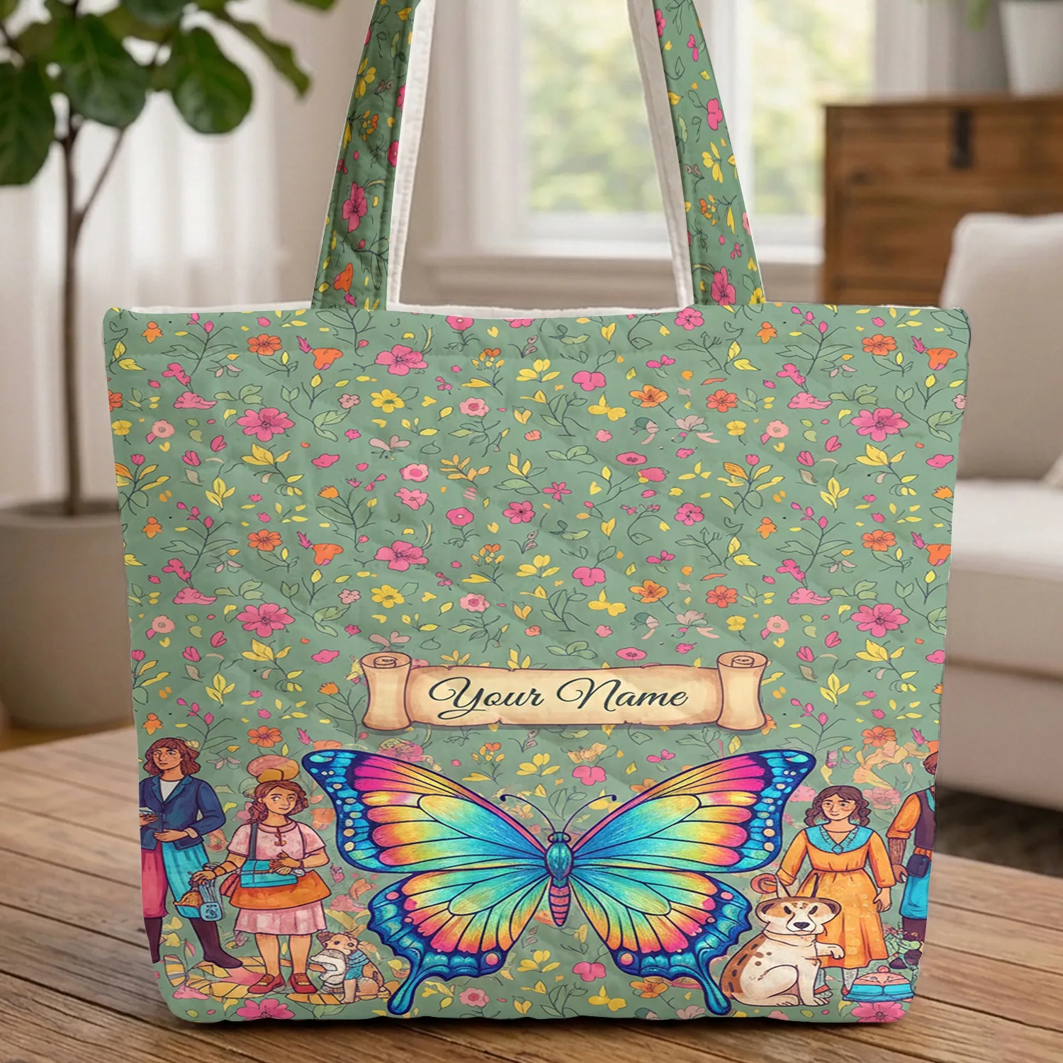 Butterfly Lush Wildflower Botanical Name Scroll - Everyday Carry Gift for Wildlife Lover Quilted Tote Bag - 1