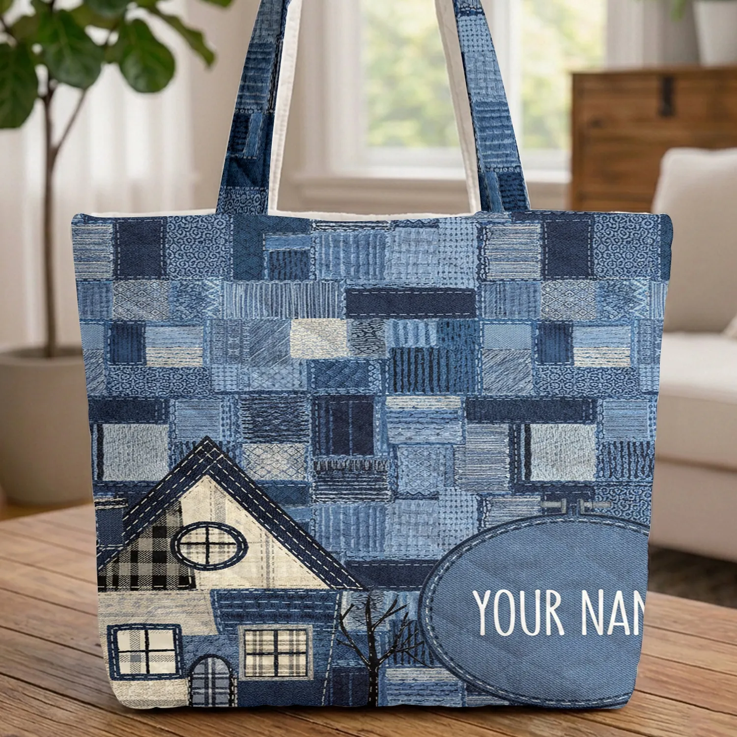 Denim Patchwork House Plaid Window Your Name Hoop - Everyday Carry Gift Quilted Tote Bag - 1