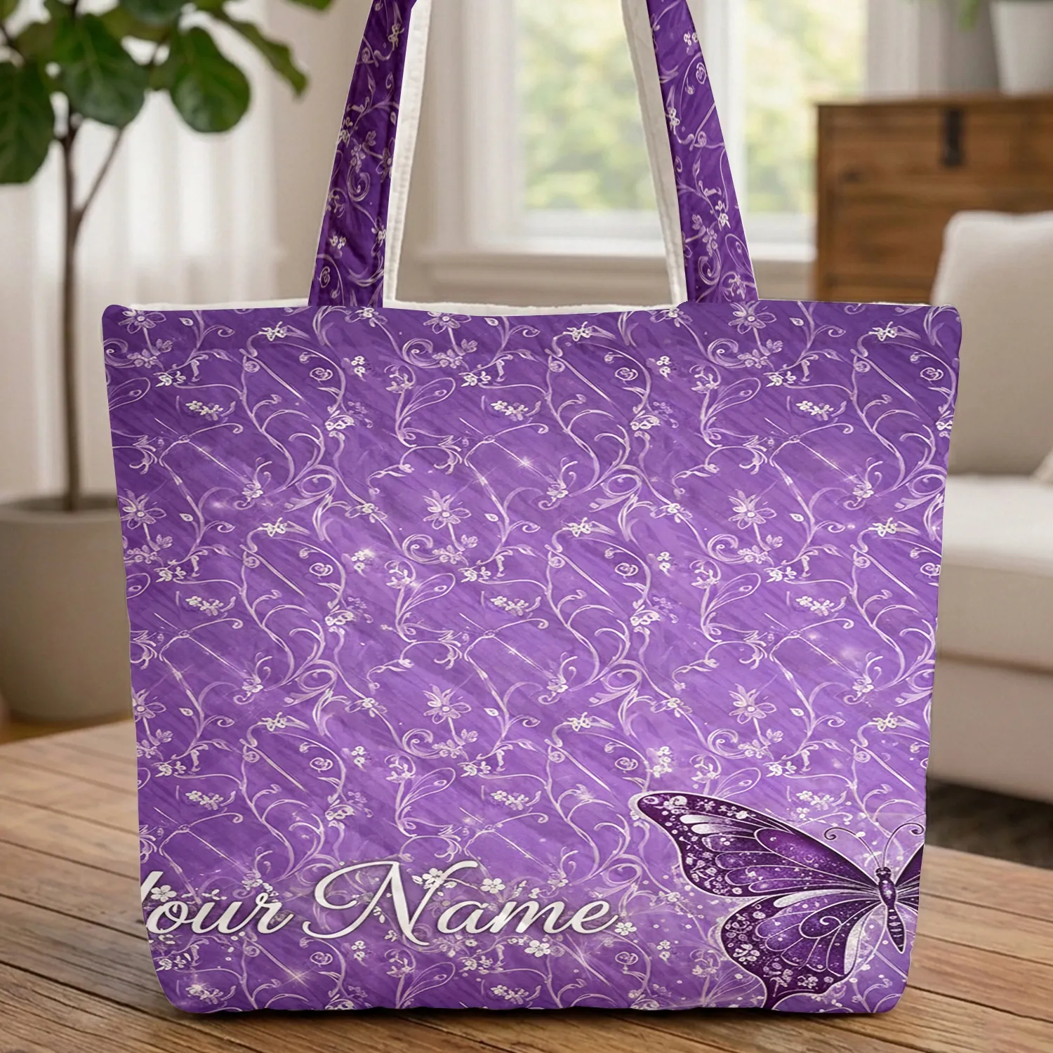 Ornate Sparkling Butterfly Personalized Name Violet Lavender Floral Everyday Carry Gift for Her Quilted Tote Bag - 1