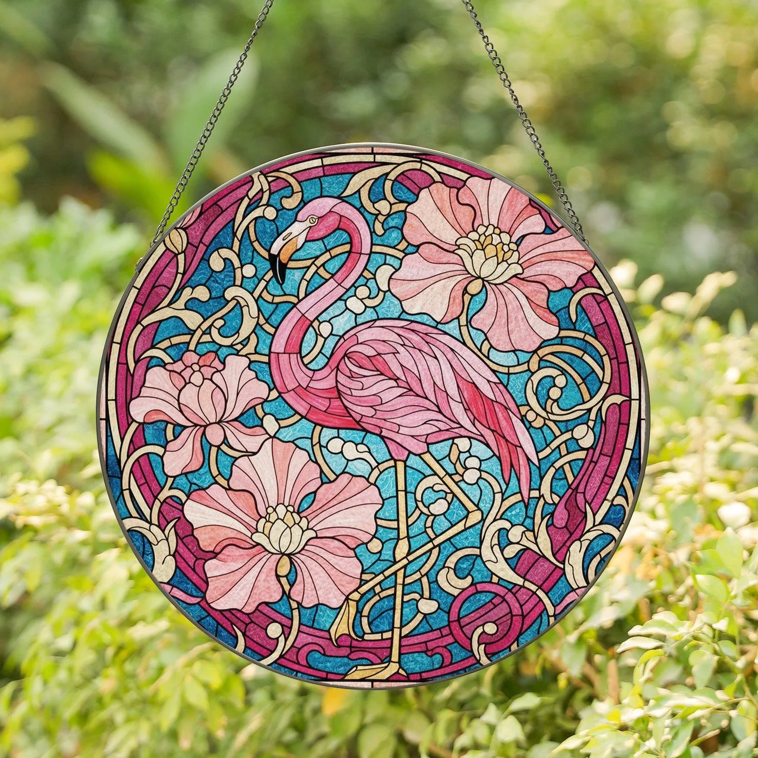 Pink Flamingo Art Nouveau Floral - Home Decor Gift for Wildlife Lovers Stained Glass Suncatcher - 1