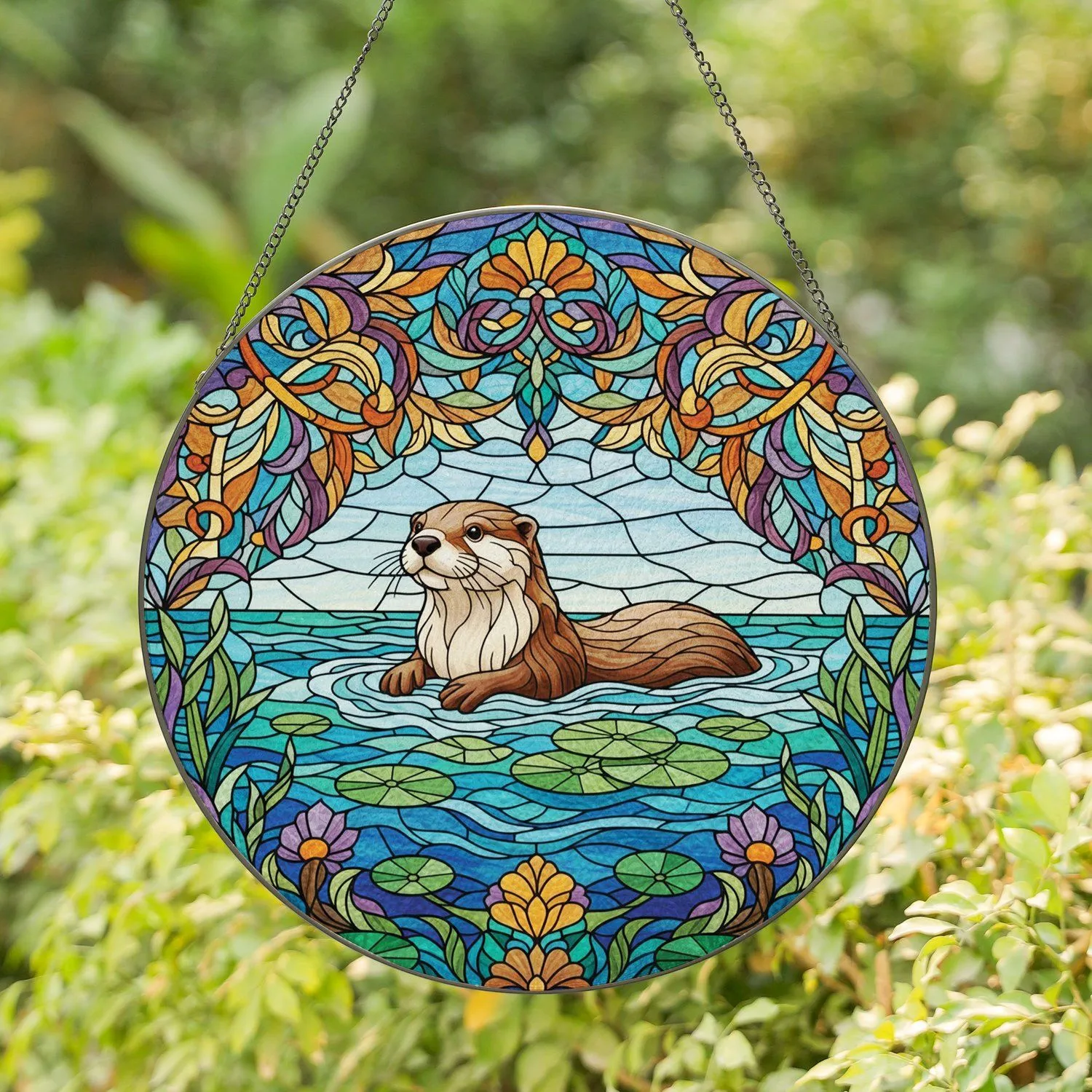 Friendly Brown Otter Aquatic Flora Water Lily Sky - Home Decor Gift for Wildlife Lover Stained Glass Suncatcher - 1
