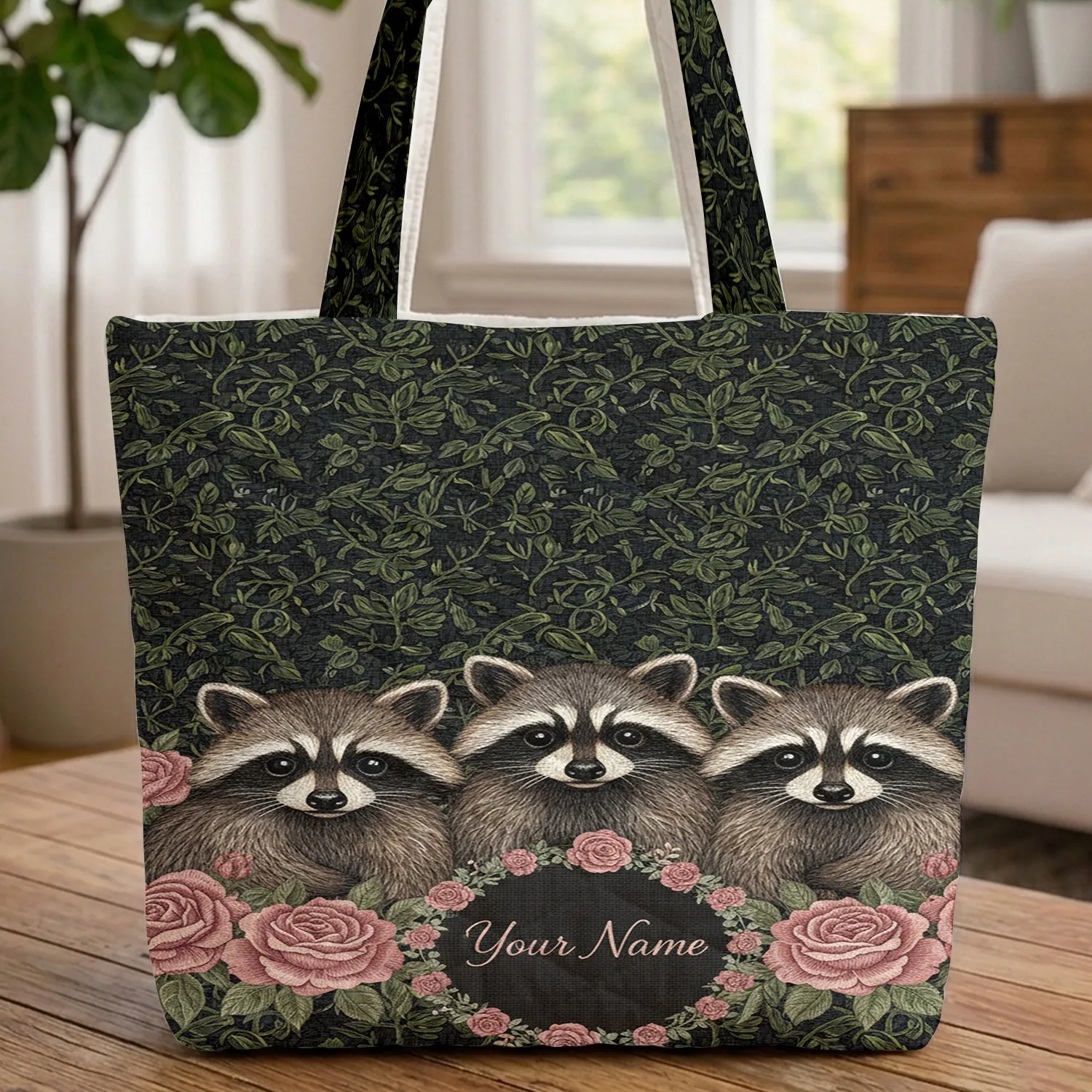 Raccoons Pink Roses Floral Wreath - Everyday Carry Gift for Wildlife Lovers Quilted Tote Bag - 1
