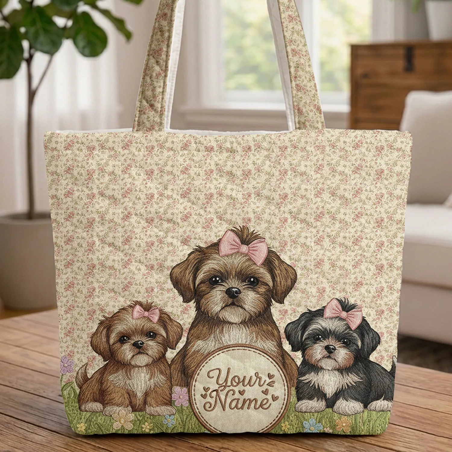 Shih Tzu Puppies Wildflower Floral - Everyday Carry Gift for Shih Tzu Lovers Quilted Tote Bag - 1