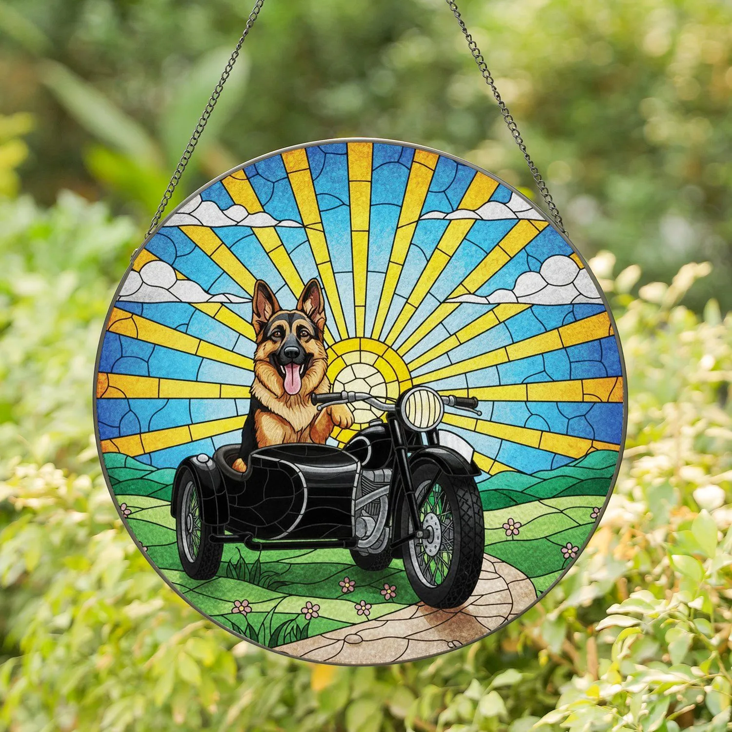 German Shepherd Vintage Motorcycle Sidecar Sun Hills - Dog & Rider Home Decor Gift Stained Glass Suncatcher - 1