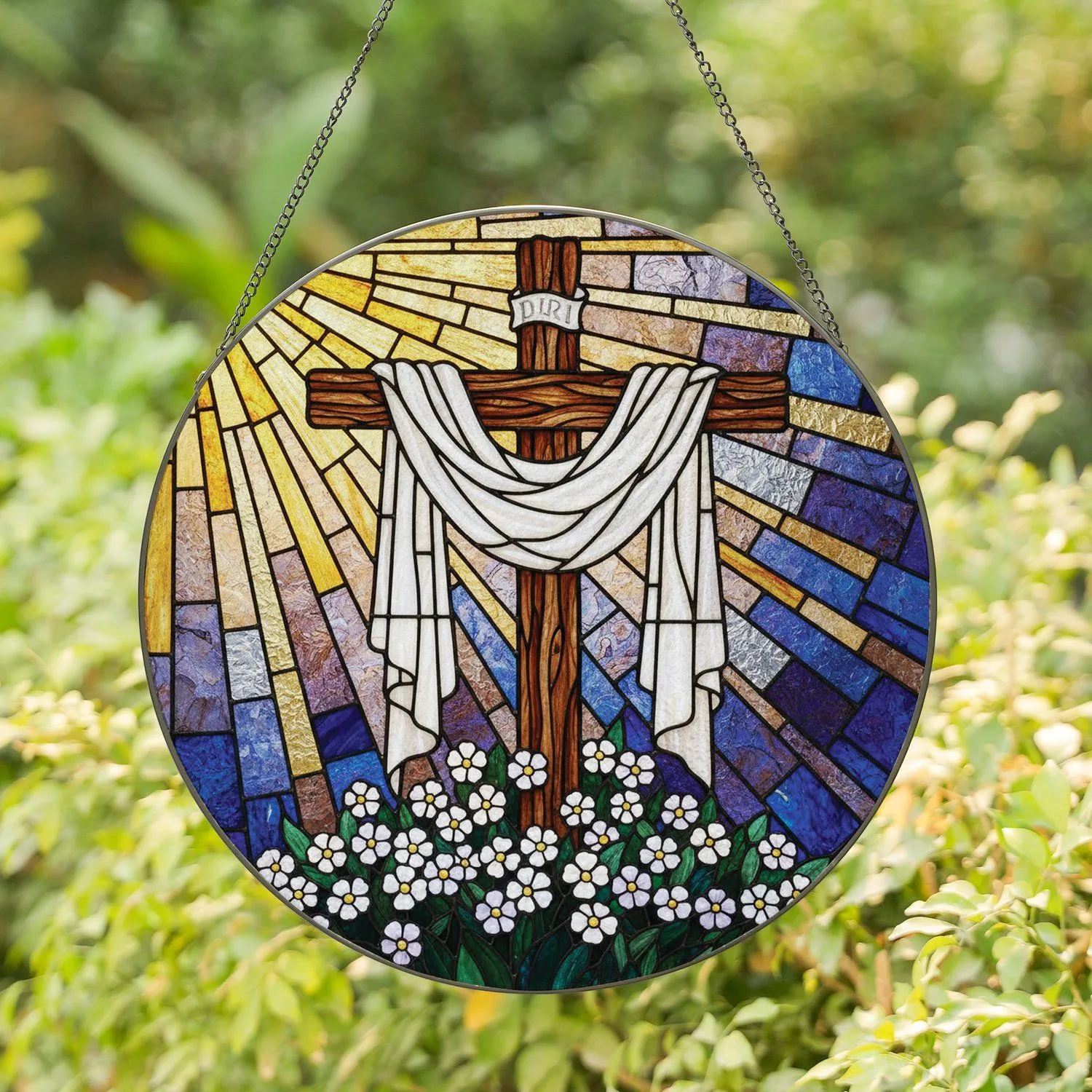 Wooden Cross Burial Shroud Golden Sunburst Floral Arrangement - Christian Home Decor Gift Stained Glass Suncatcher - 1
