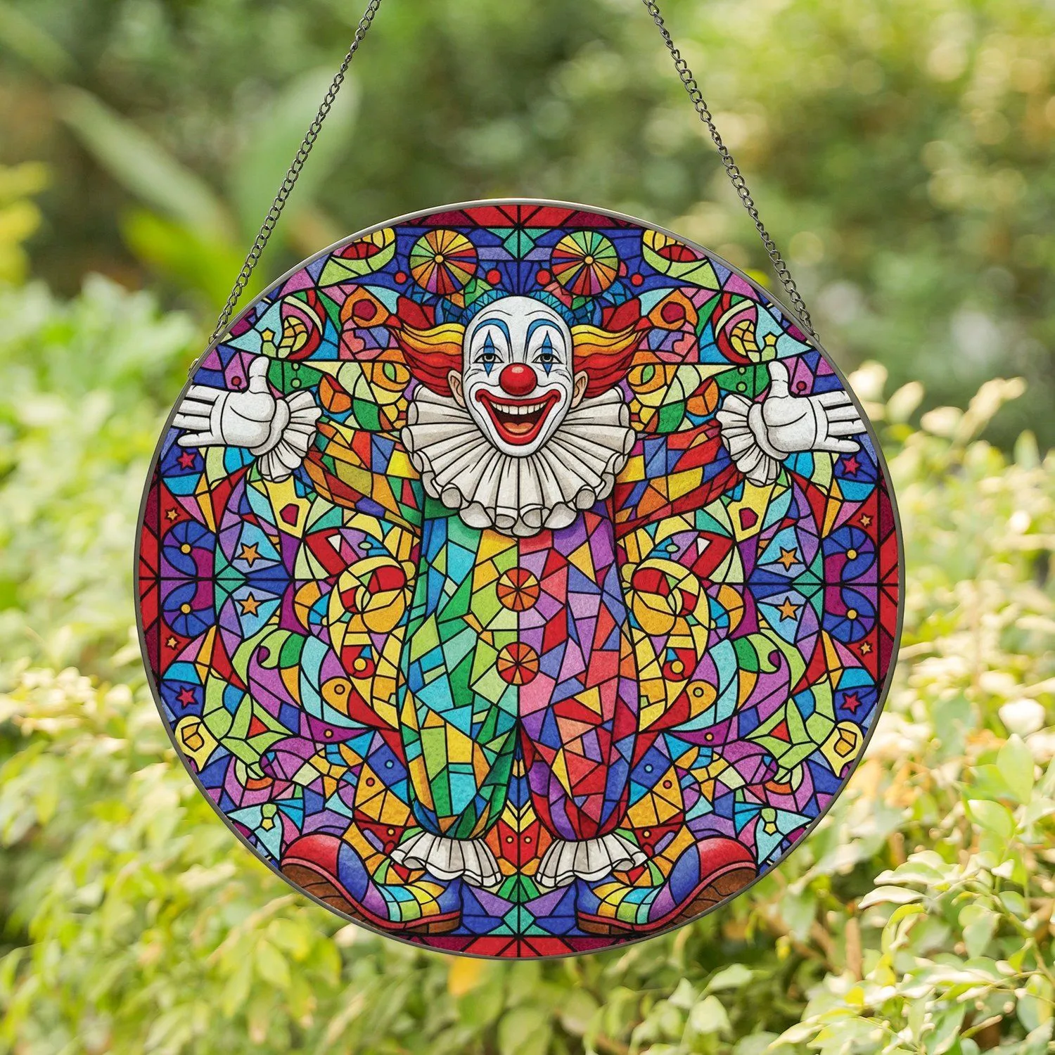 Cheerful Traditional Clown Patchwork Suit Star Confetti Mosaic Window Decor Gift Stained Glass Suncatcher - 1