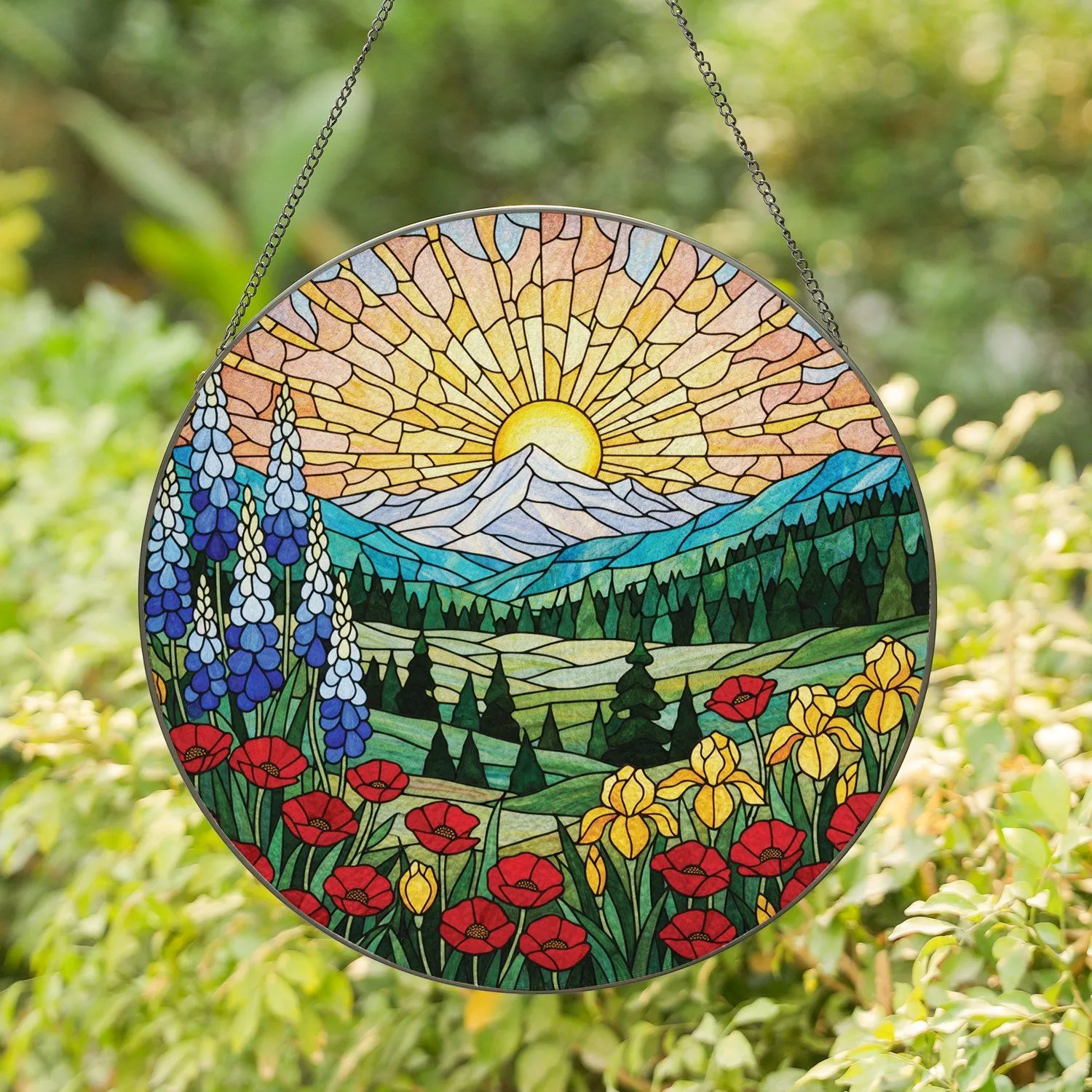 Stained Glass Mountain Valley Landscape, Sun & Floral Mosaic - Nature Lover Gift Stained Glass Suncatcher - 1