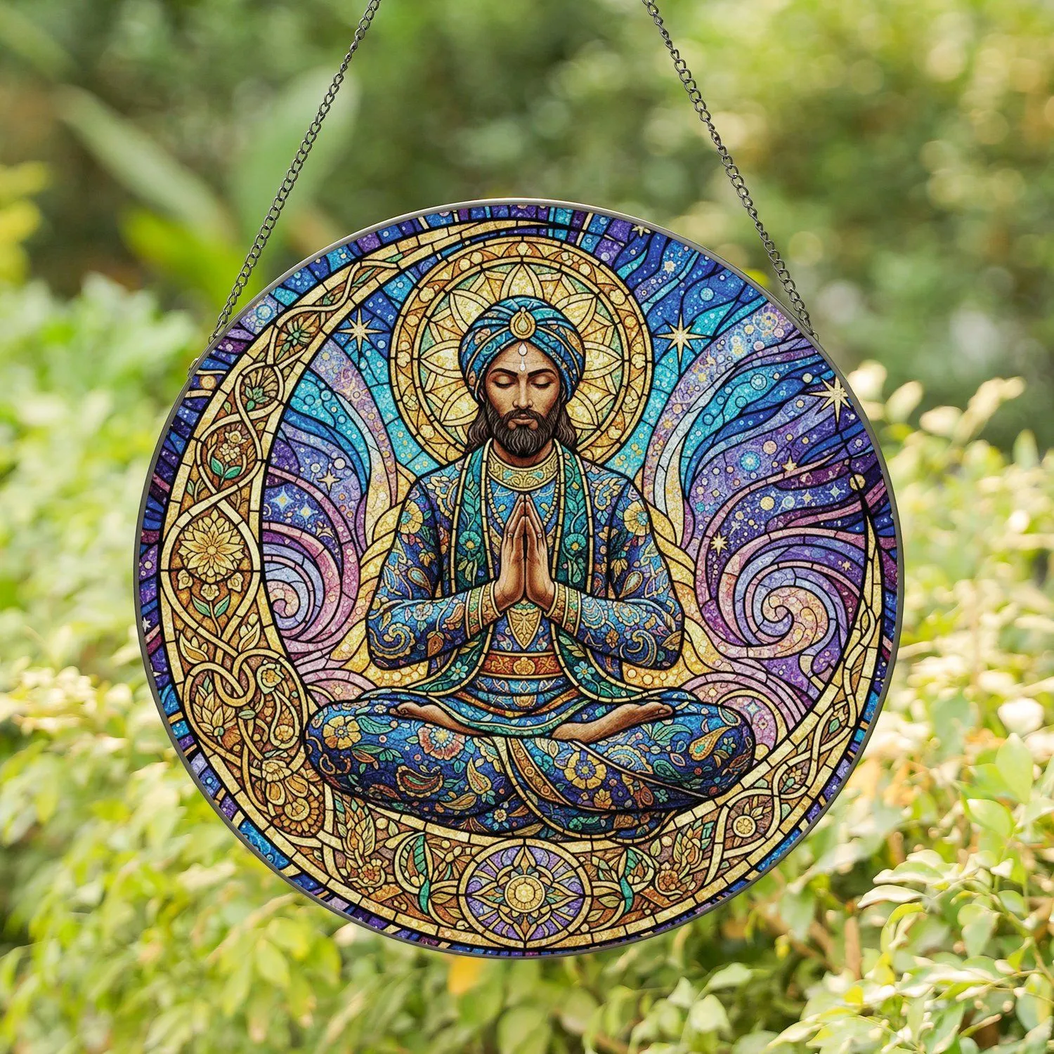 Man Meditating Prayer Pose Crescent Moon - Spiritual Home Decor Gift for Yoga Lover Stained Glass Suncatcher - 1