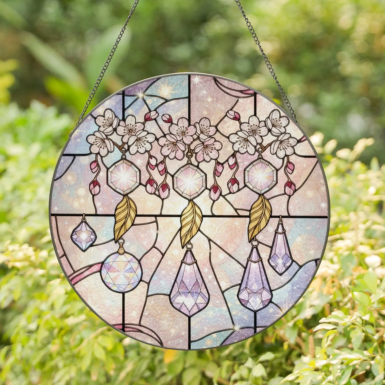 Three Suspended Cherry Blossom Stained Glass Octagonal Crystal Gold Leaf - Home Decor Gift Stained Glass Suncatcher - 1