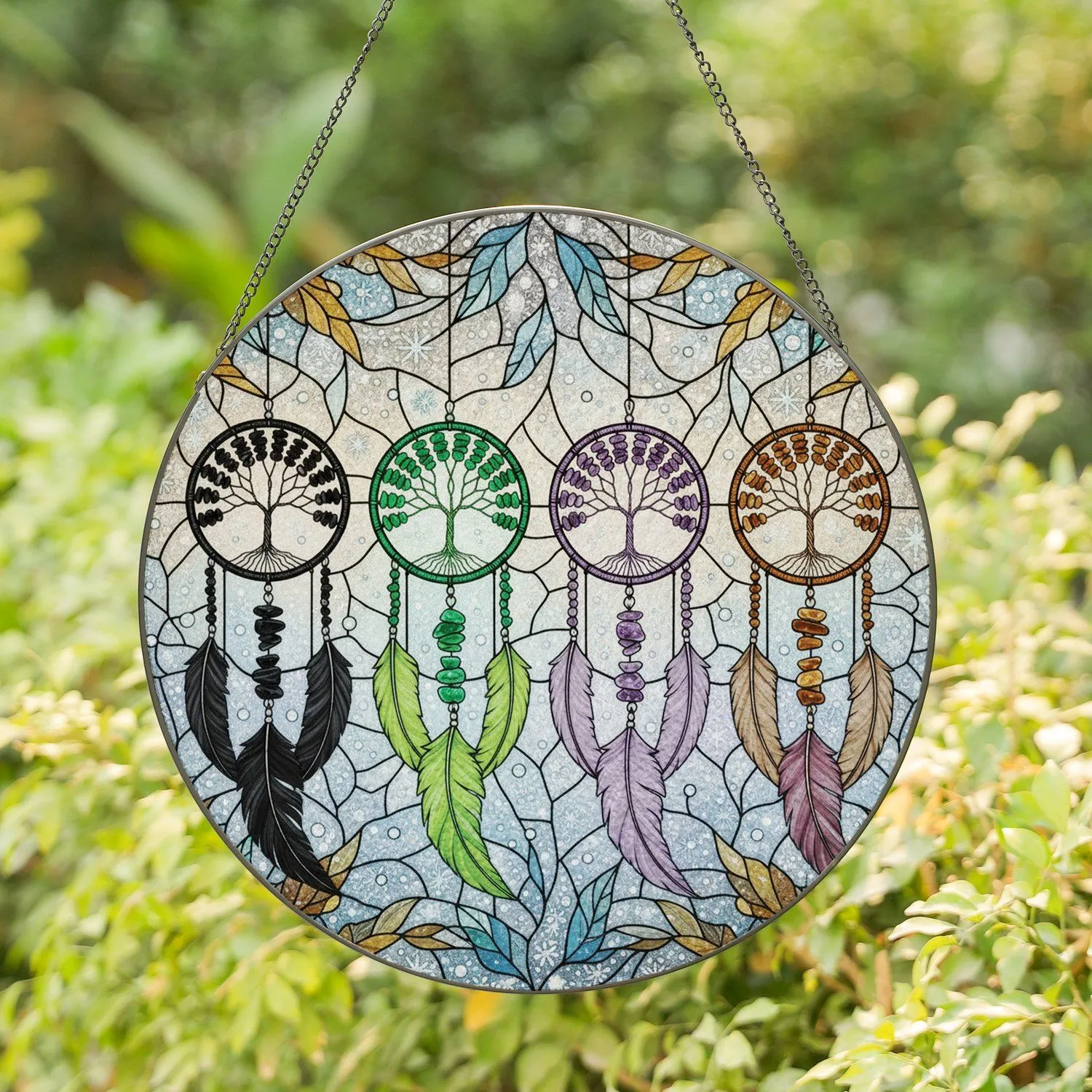 Dreamcatcher Tree of Life Winter Foliage Snowflakes - Home Decor Gift Stained Glass Suncatcher - 1