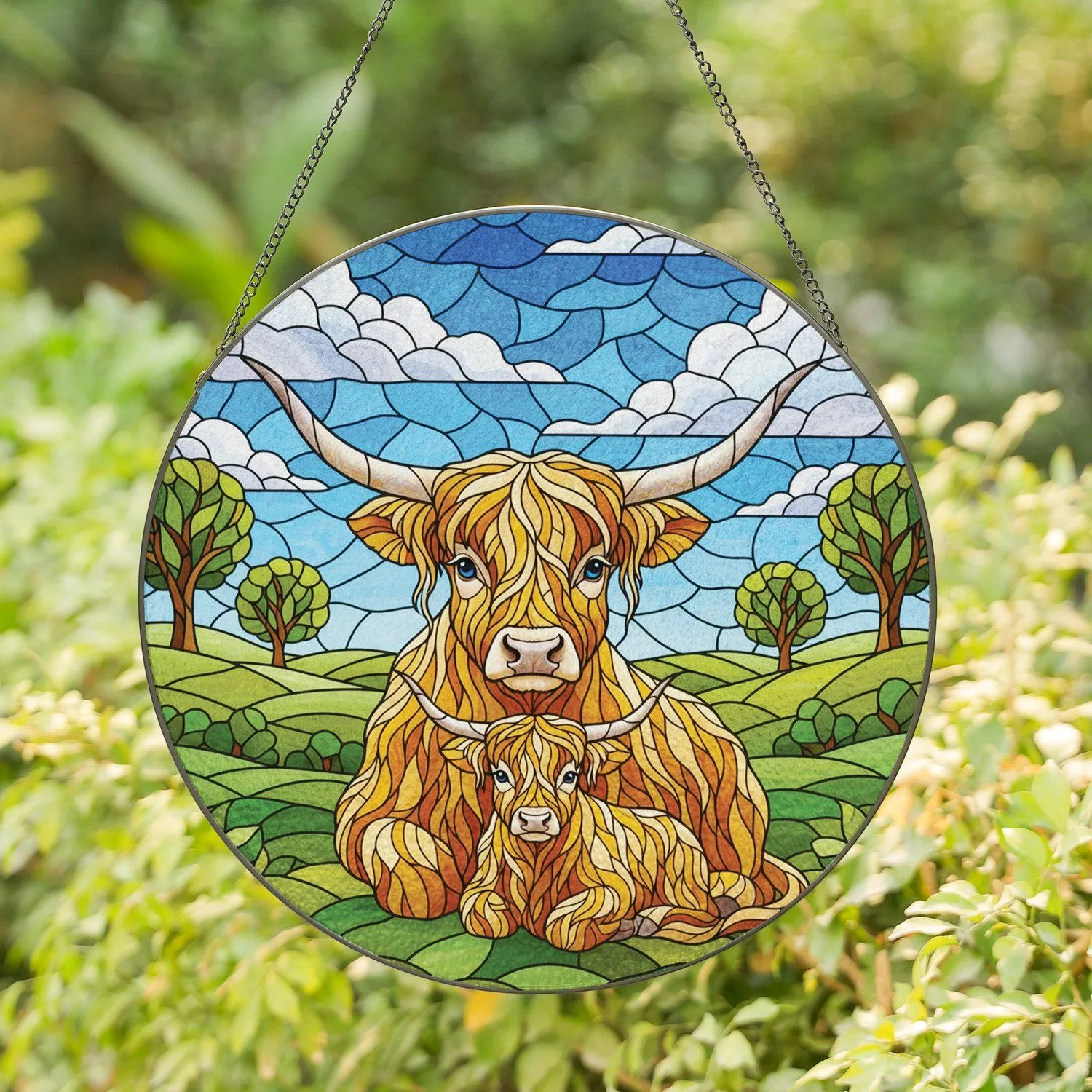 Highland Calves Pastoral Hills - Farmhouse Decor Gift for Cow Lover Stained Glass Suncatcher - 1