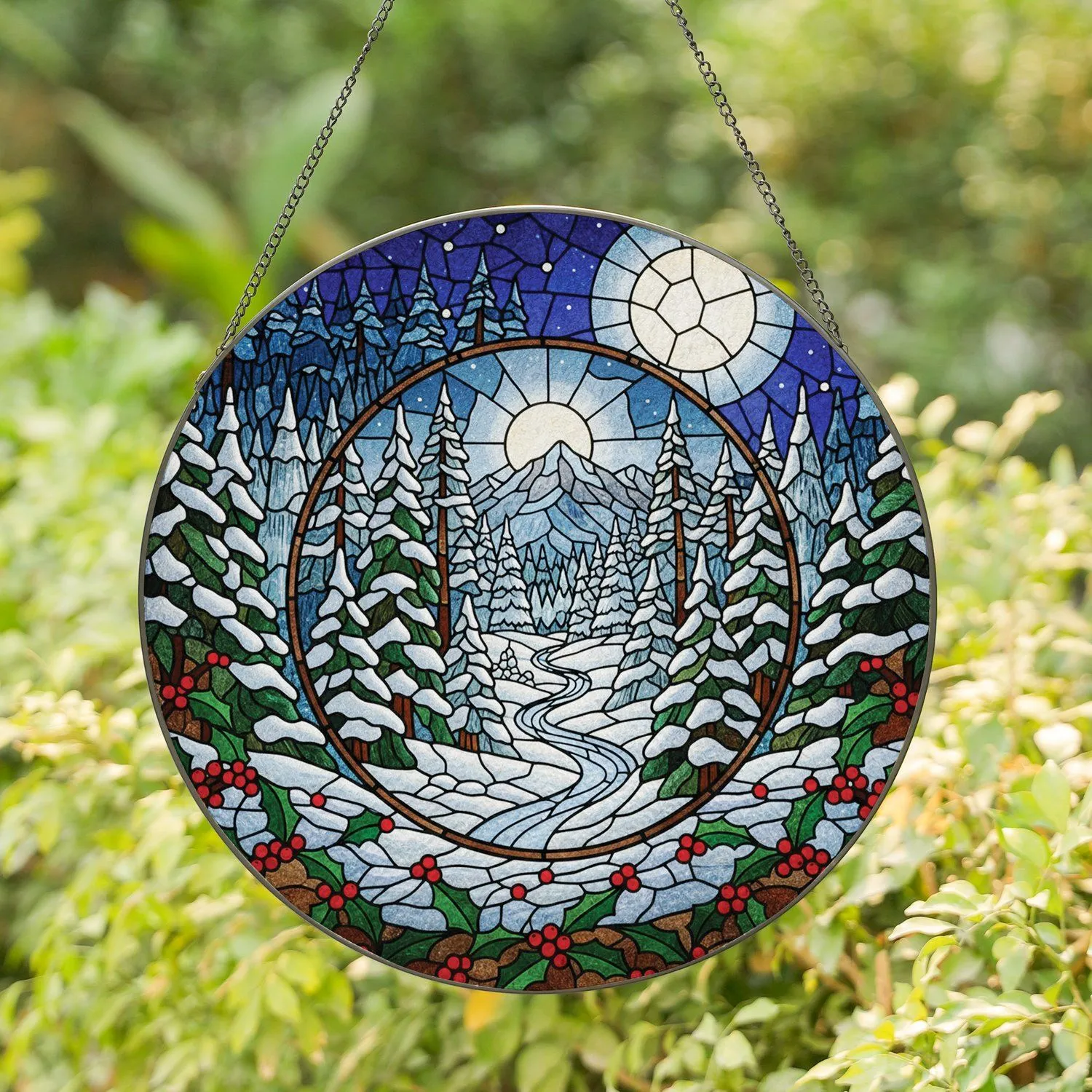 Winter Night Forest Path Full Moon - Holiday Home Decor Gift Stained Glass Suncatcher - 1