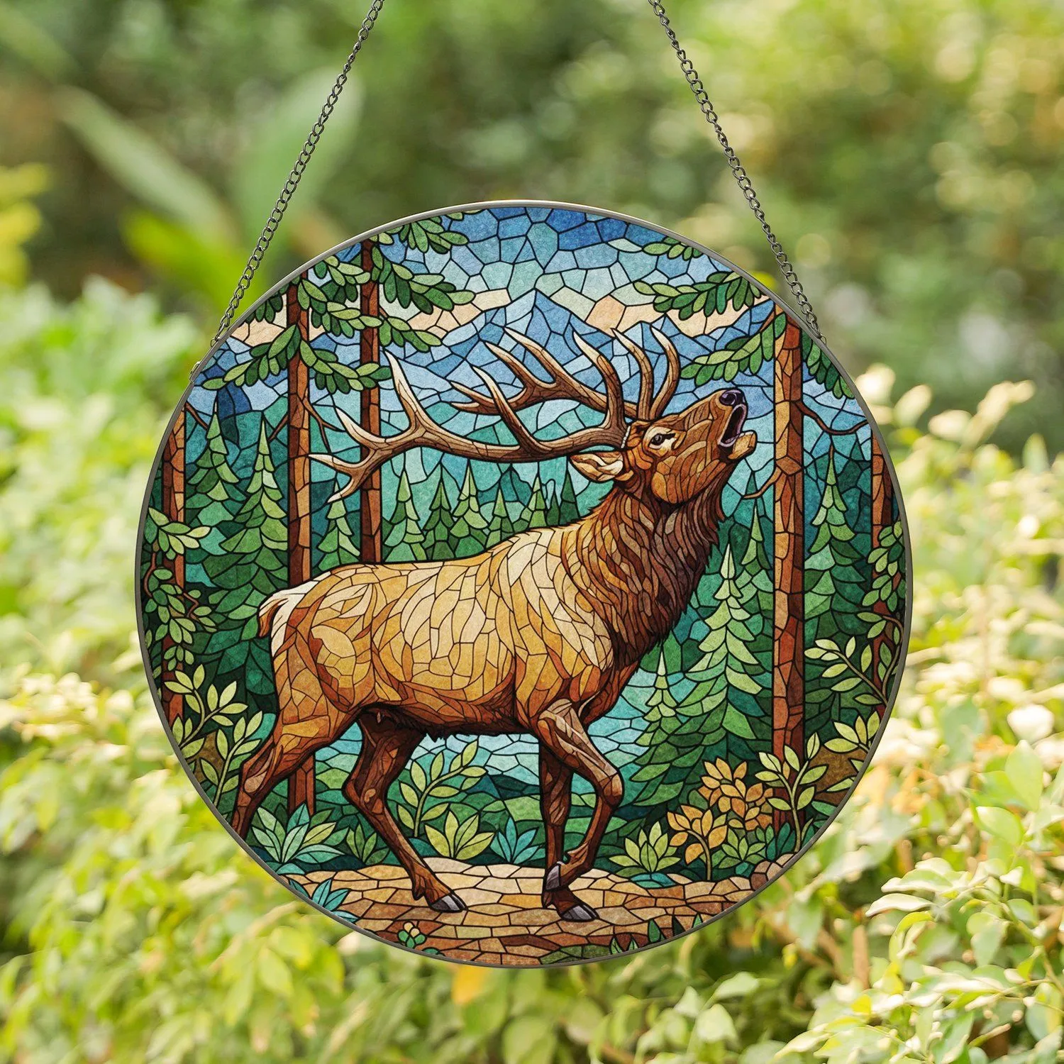 Multi-Tined Antlers Bull Elk Stained Glass Forest Mosaic - Home Decor Gift Stained Glass Suncatcher - 1