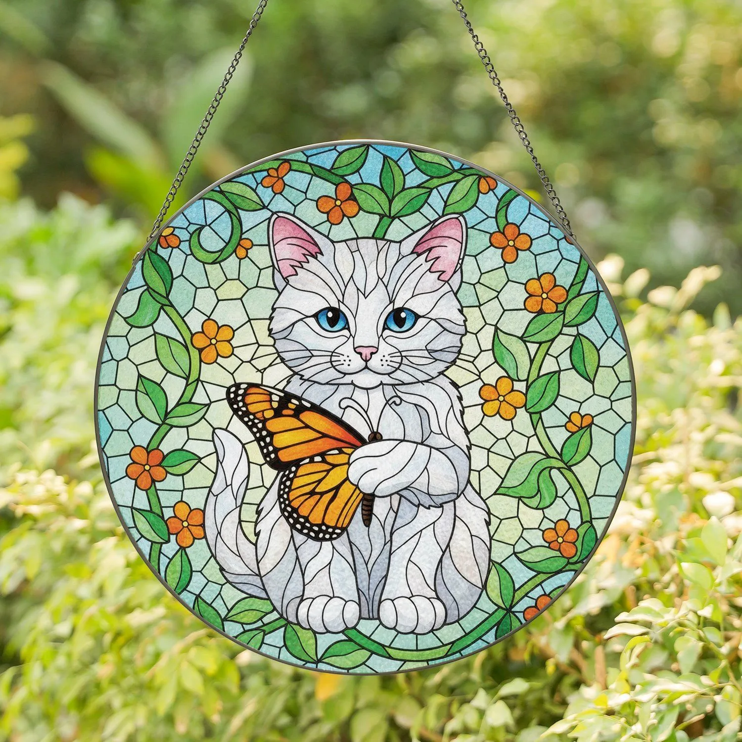 White Kitten Monarch Butterfly Vine Floral Mosaic - Home Decor Gift for Cat Lover Stained Glass Suncatcher - 1