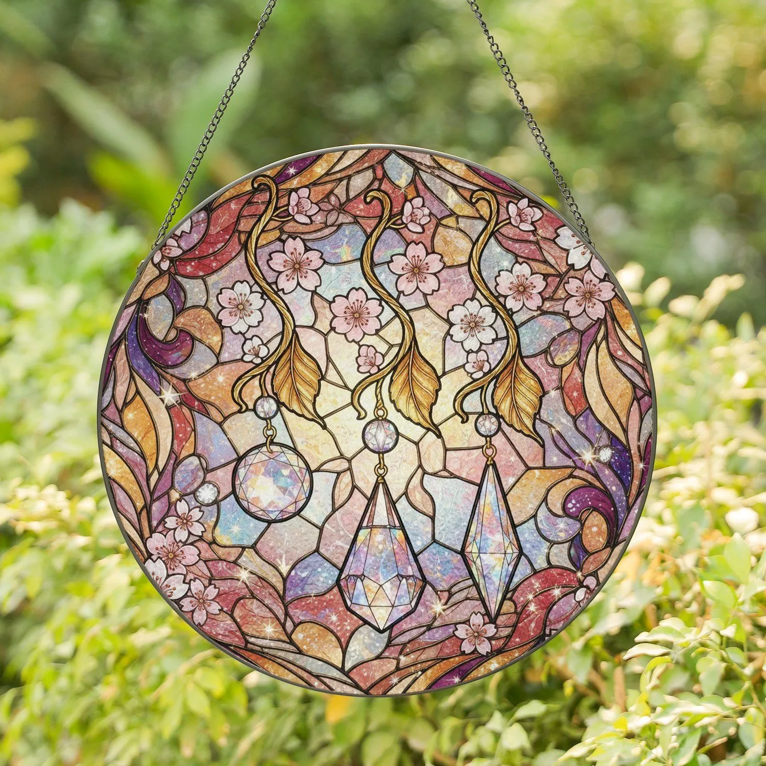 Cherry Blossom Gold Leaf Iridescent Crystal Prisms Home Decor Gift Stained Glass Suncatcher - 1