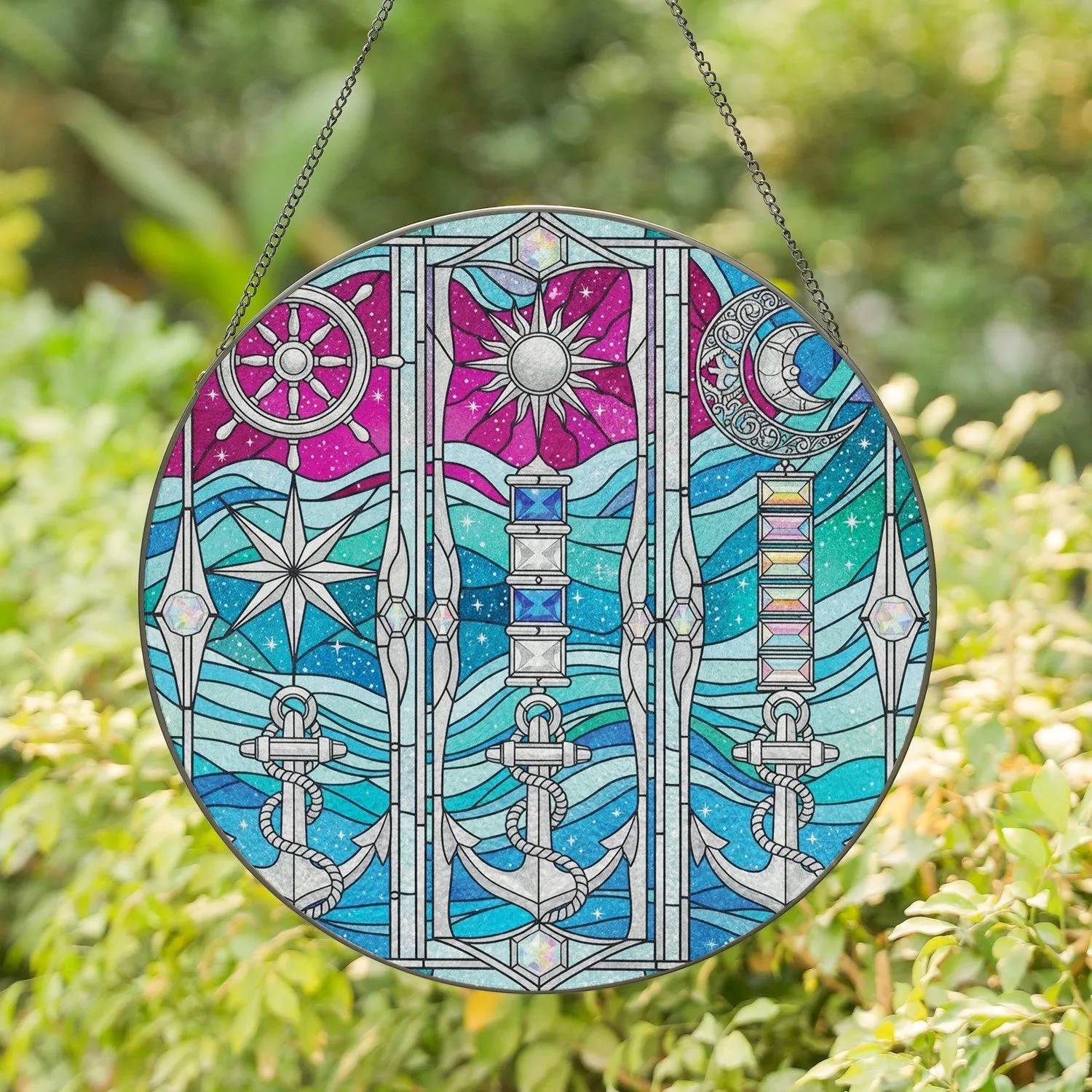 Stained Glass Ship's Wheel Sun Moon Star Anchor - Coastal Celestial Decor Gift Stained Glass Suncatcher - 1