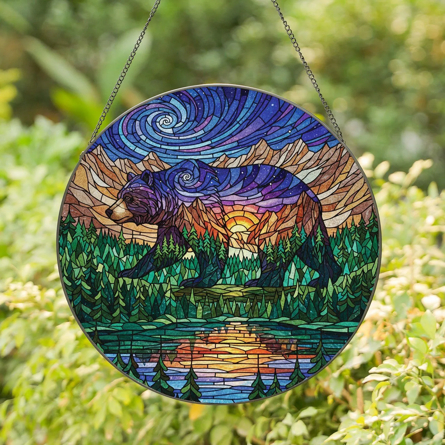 Grizzly Bear Cosmic Sky Mountain Lake Sunset - Wildlife Lover Nature Decor Stained Glass Suncatcher - 1