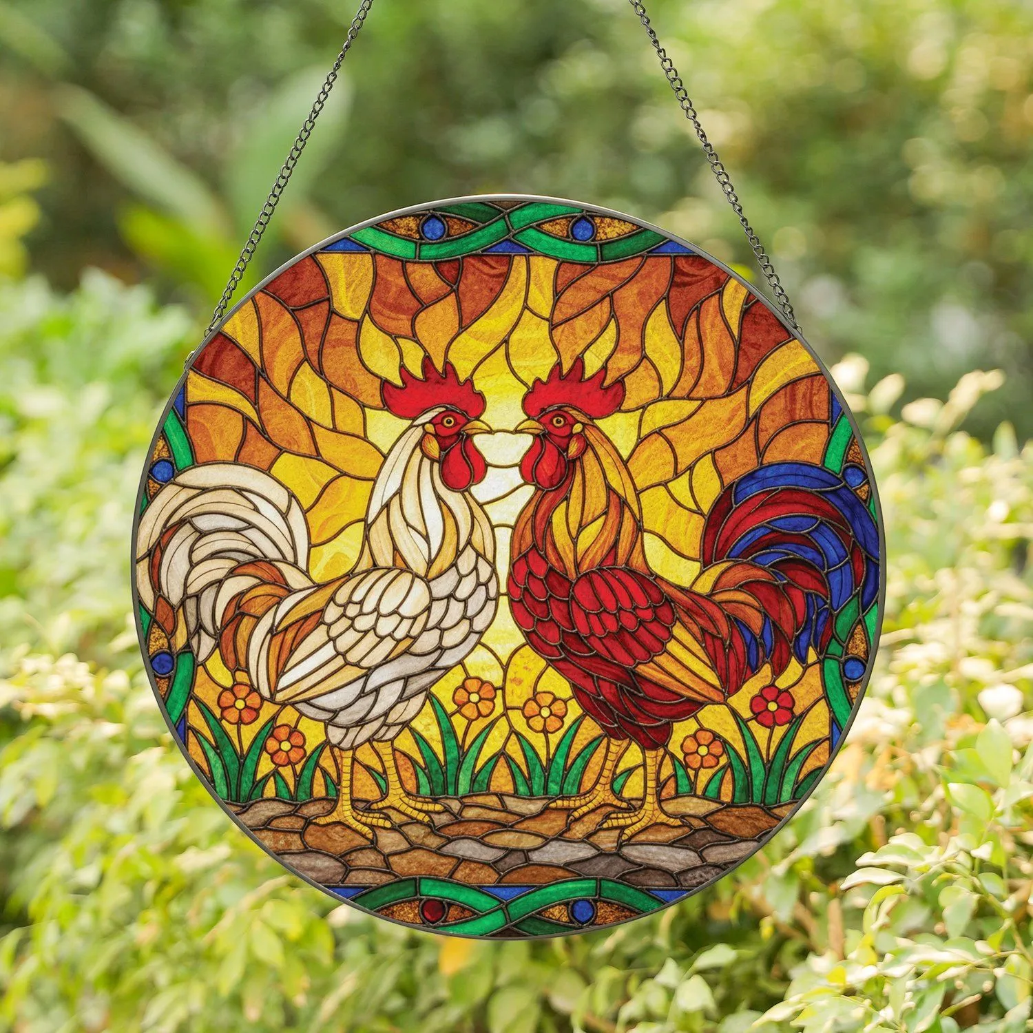 Rooster Pair Stone Grass Field - Farmhouse Home Decor Gift for Bird Lover Stained Glass Suncatcher - 1