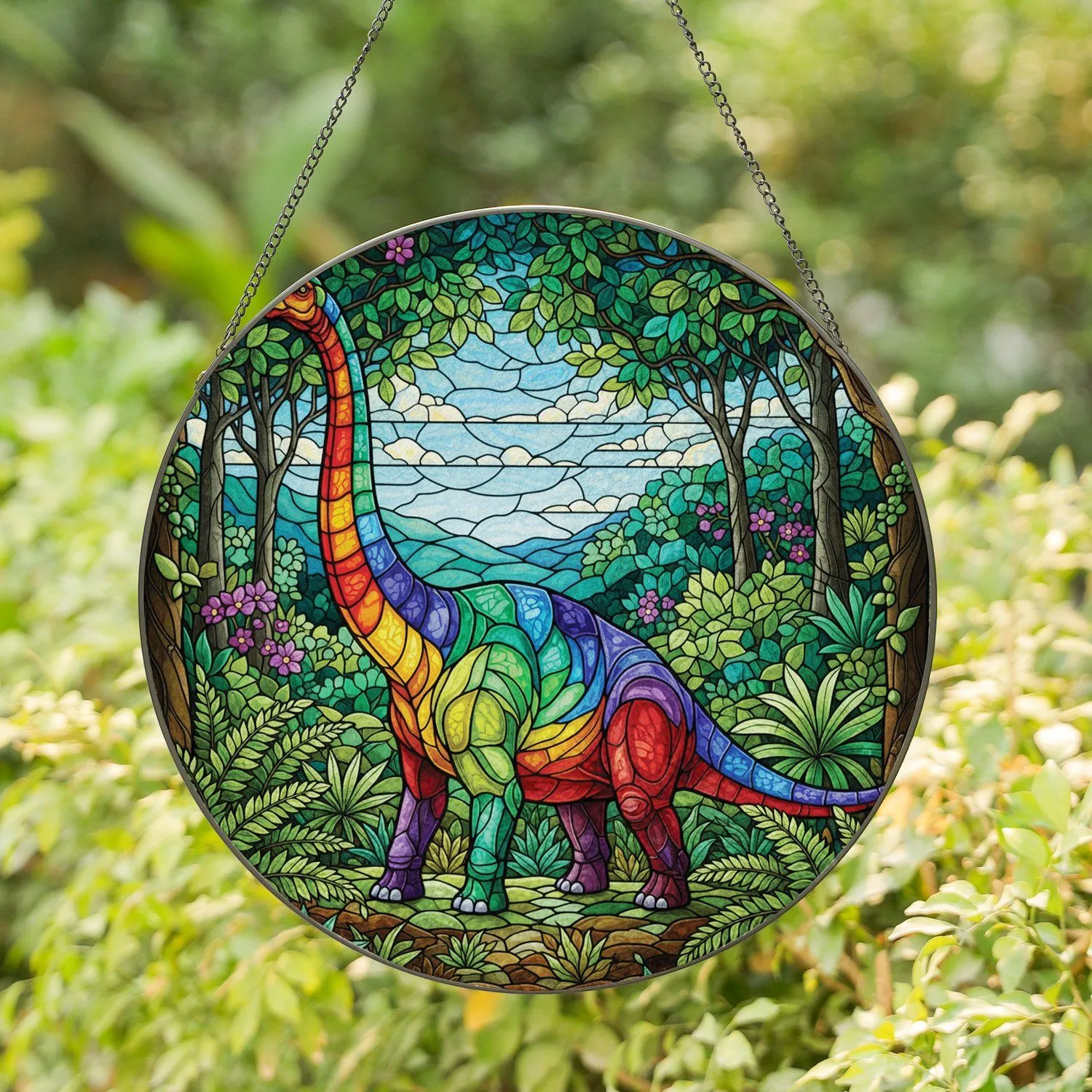 Rainbow Brontosaurus Prehistoric Forest Lush Plants - Home Decor Gift for Dinosaur Lover Stained Glass Suncatcher - 1