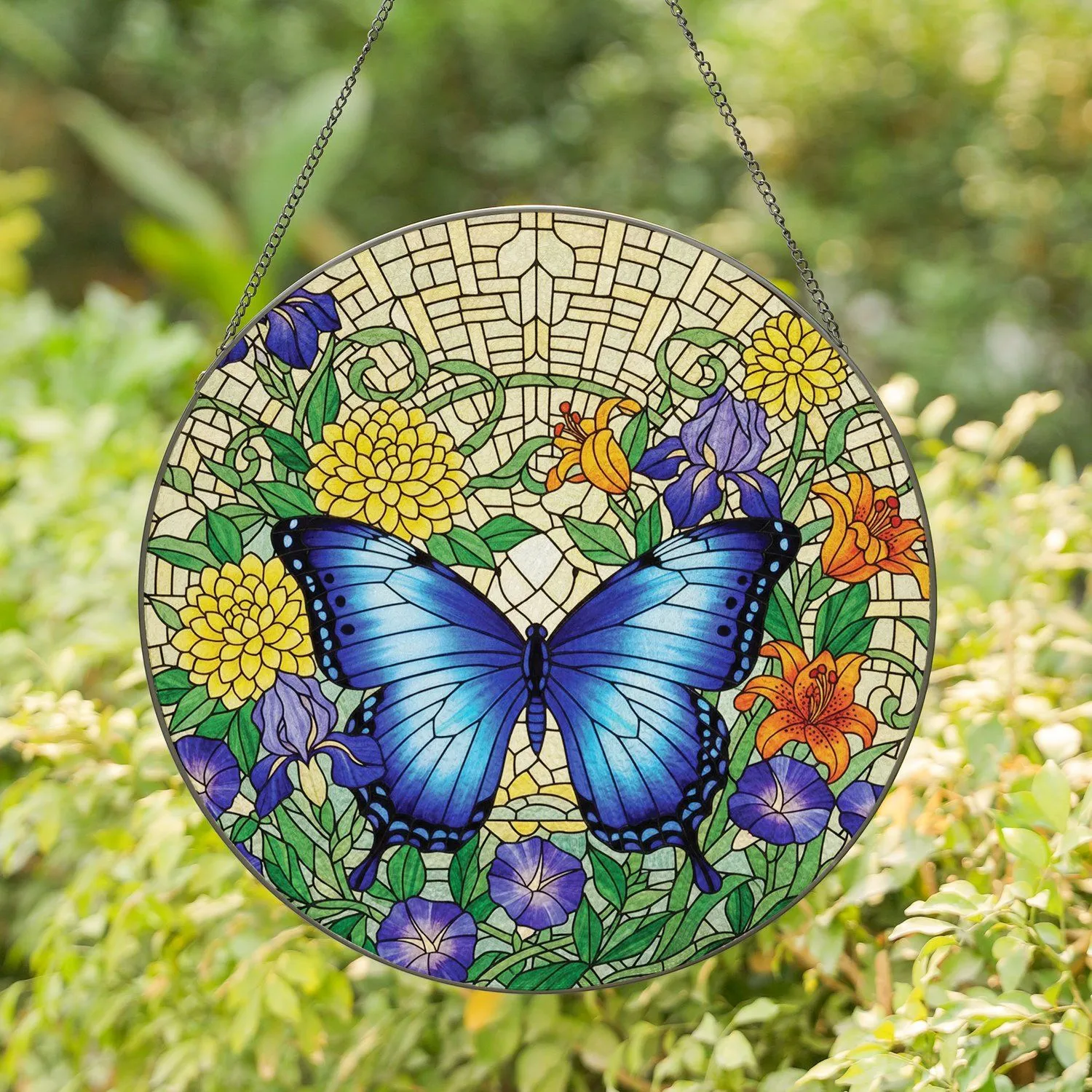 Blue Butterfly Blooming Flowers Stained Glass - Nature Home Decor Gift Stained Glass Suncatcher - 1