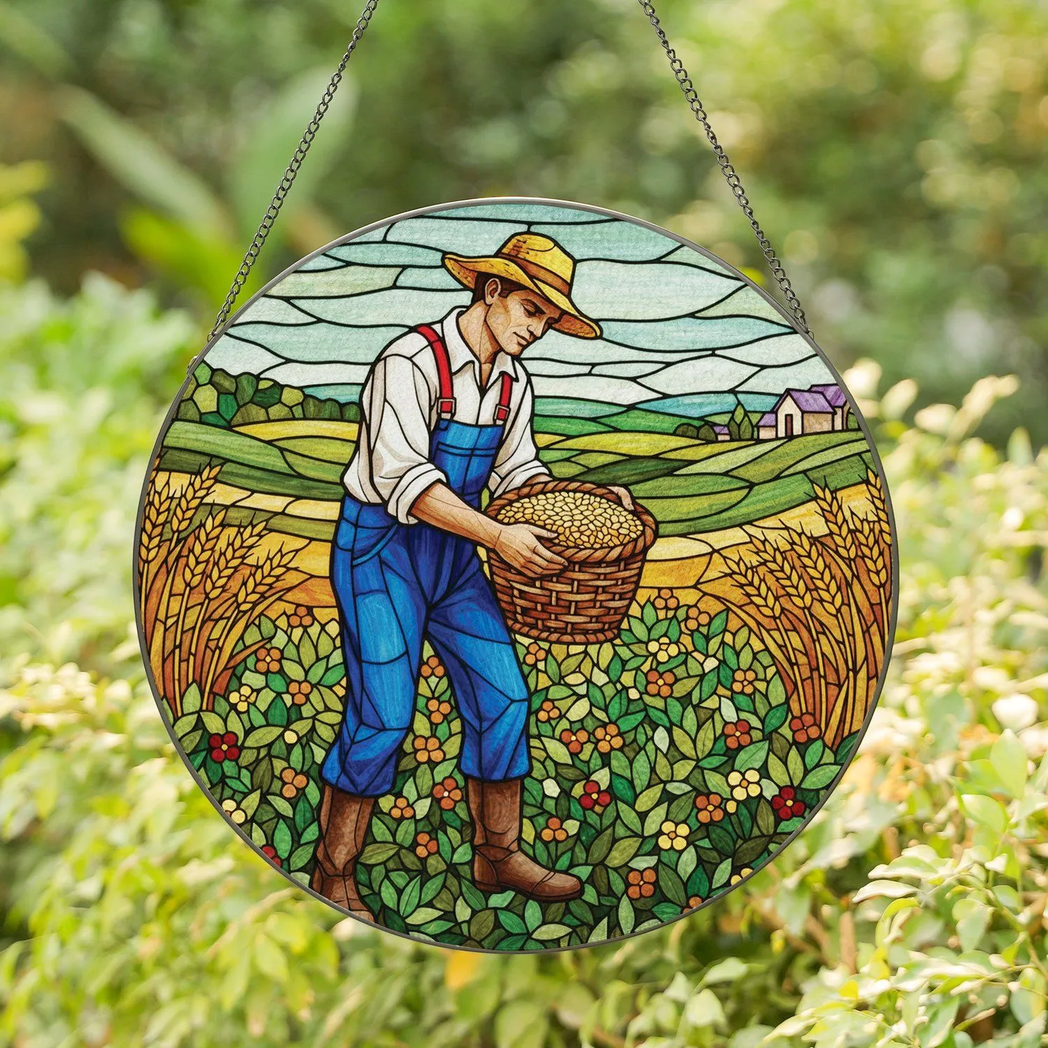 Farmer Harvesting Grains Wheat Field Rolling Hills Landscape Farmhouse Decor Gift for Farmers Stained Glass Suncatcher - 1