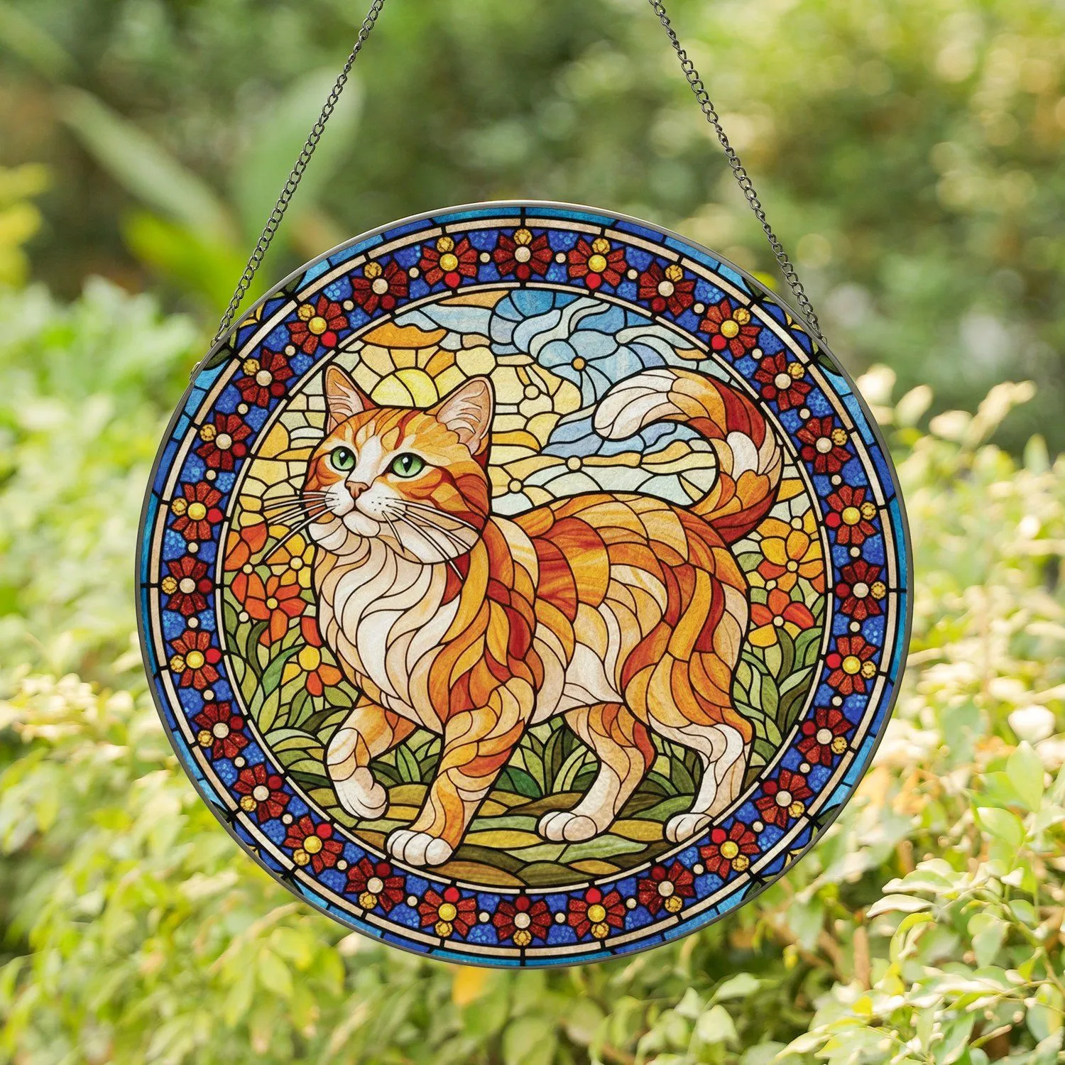 Orange White Cat Circular Frame Geometric Mosaic - Home Decor Gift for Cat Lover Stained Glass Suncatcher - 1