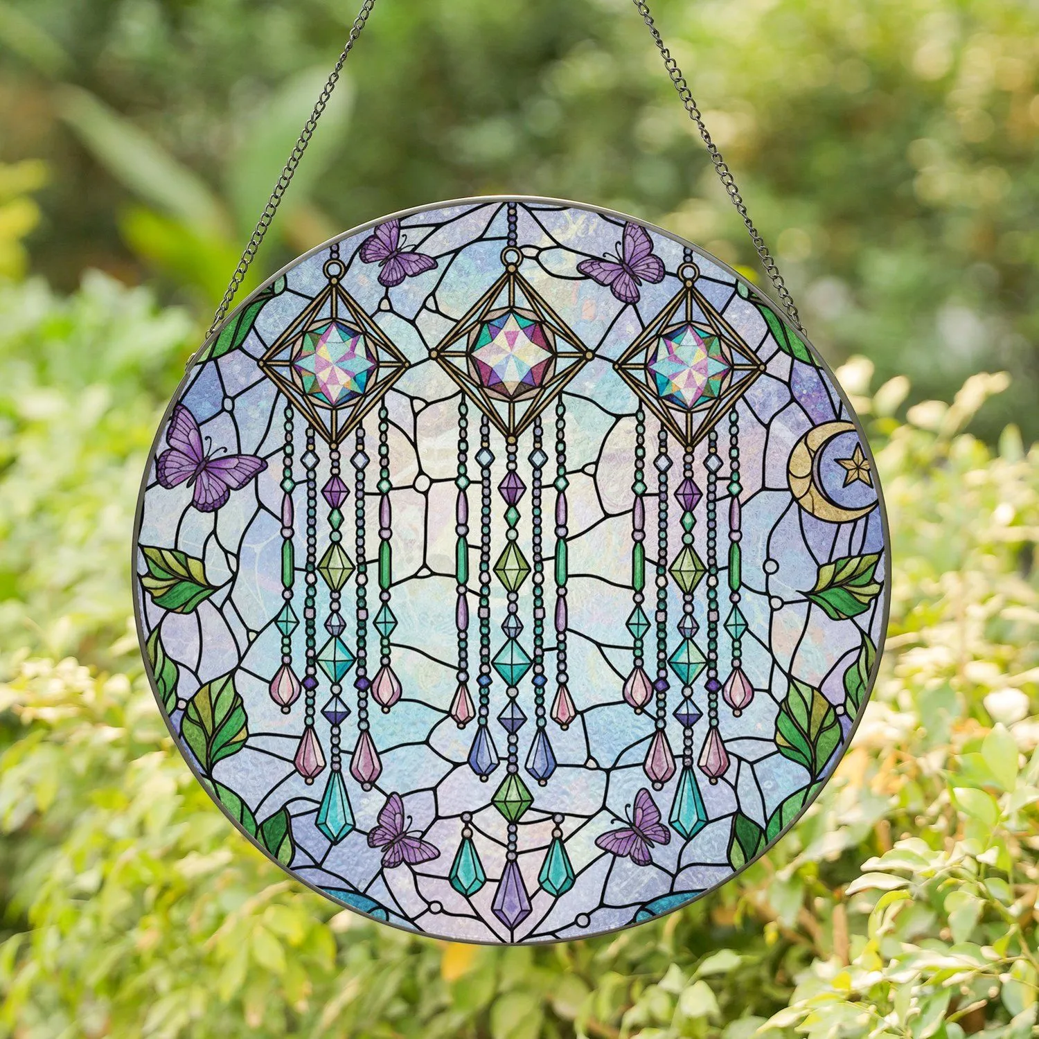 Ornate Multi-Tiered Crystals Brass Geometric Frame Moon Butterfly Home Decor Gift Stained Glass Suncatcher - 1