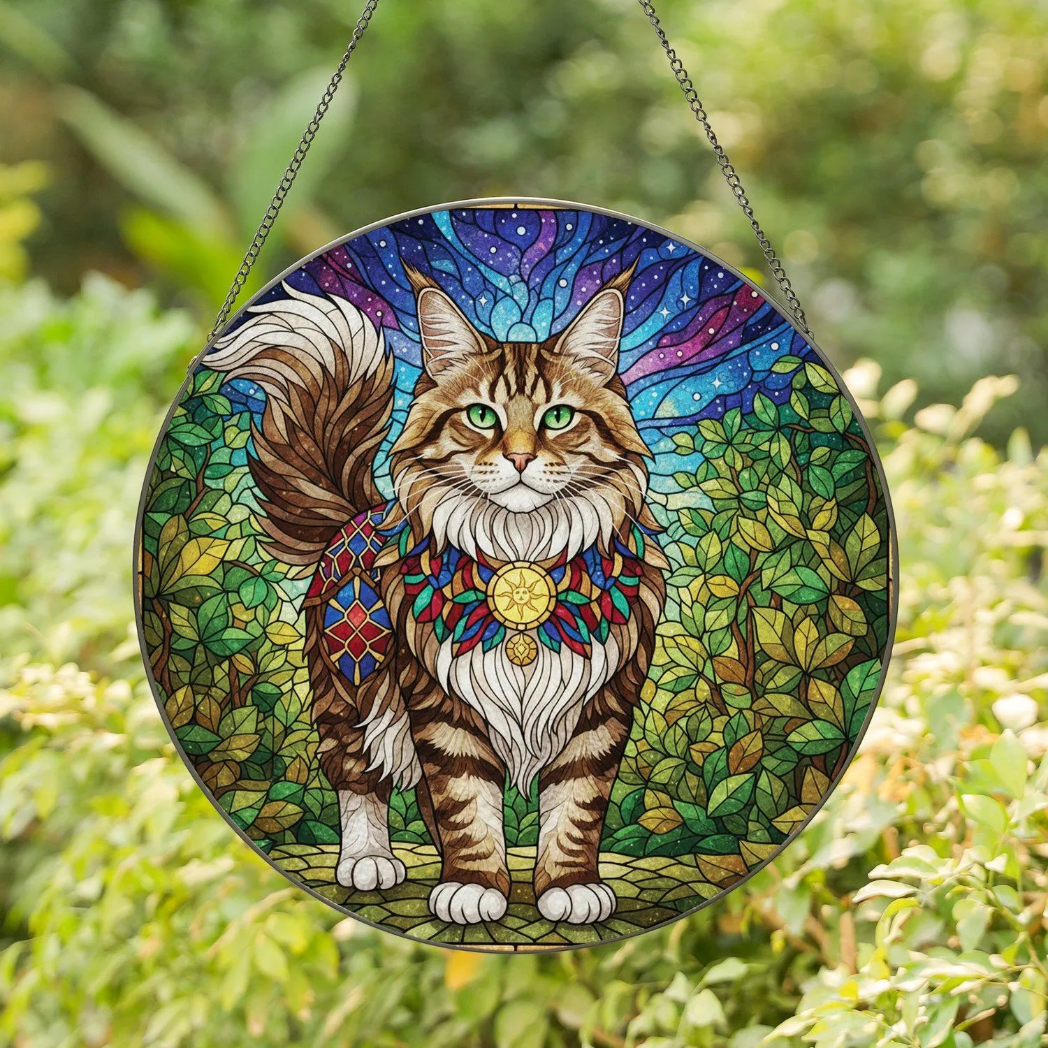Maine Coon Cat Stained Glass Forest Sky - Wildlife Lover Home Decor Gift for Cat Lover Stained Glass Suncatcher - 1