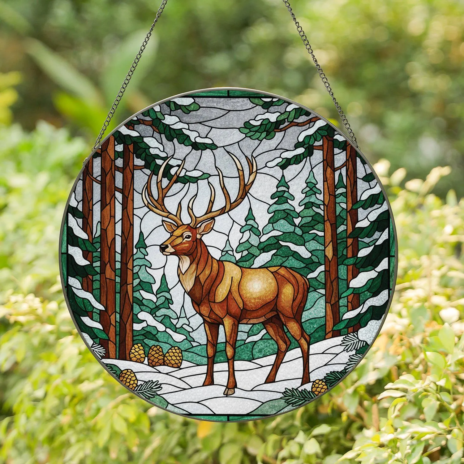 Stag Pine Trees Snow Winter Forest - Holiday Decor Wildlife Lover Gift Stained Glass Suncatcher - 1