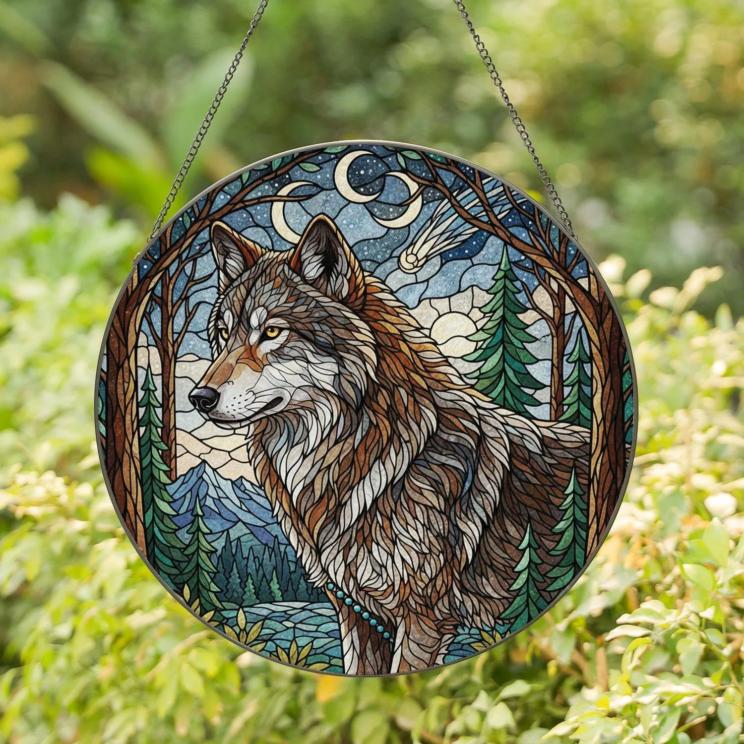 Wolf Mystical Forest Moonlit Mountain Celestial - Home Decor Wildlife Lover Gift Stained Glass Suncatcher - 1