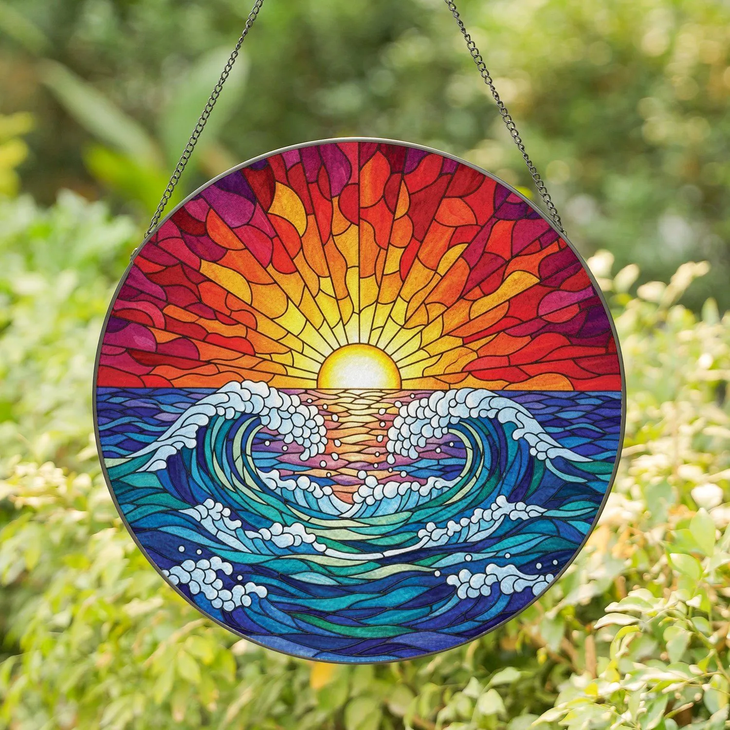 Radiant Sun Turbulent Ocean Crashing Waves - Home Decor Gift for Ocean Lover Stained Glass Suncatcher - 1