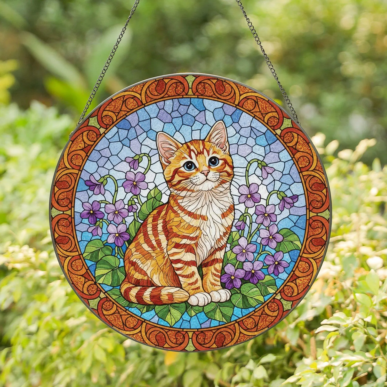 Orange White Tabby Kitten Purple Violets Green Foliage Home Decor - Cat Lover Gift Stained Glass Suncatcher - 1