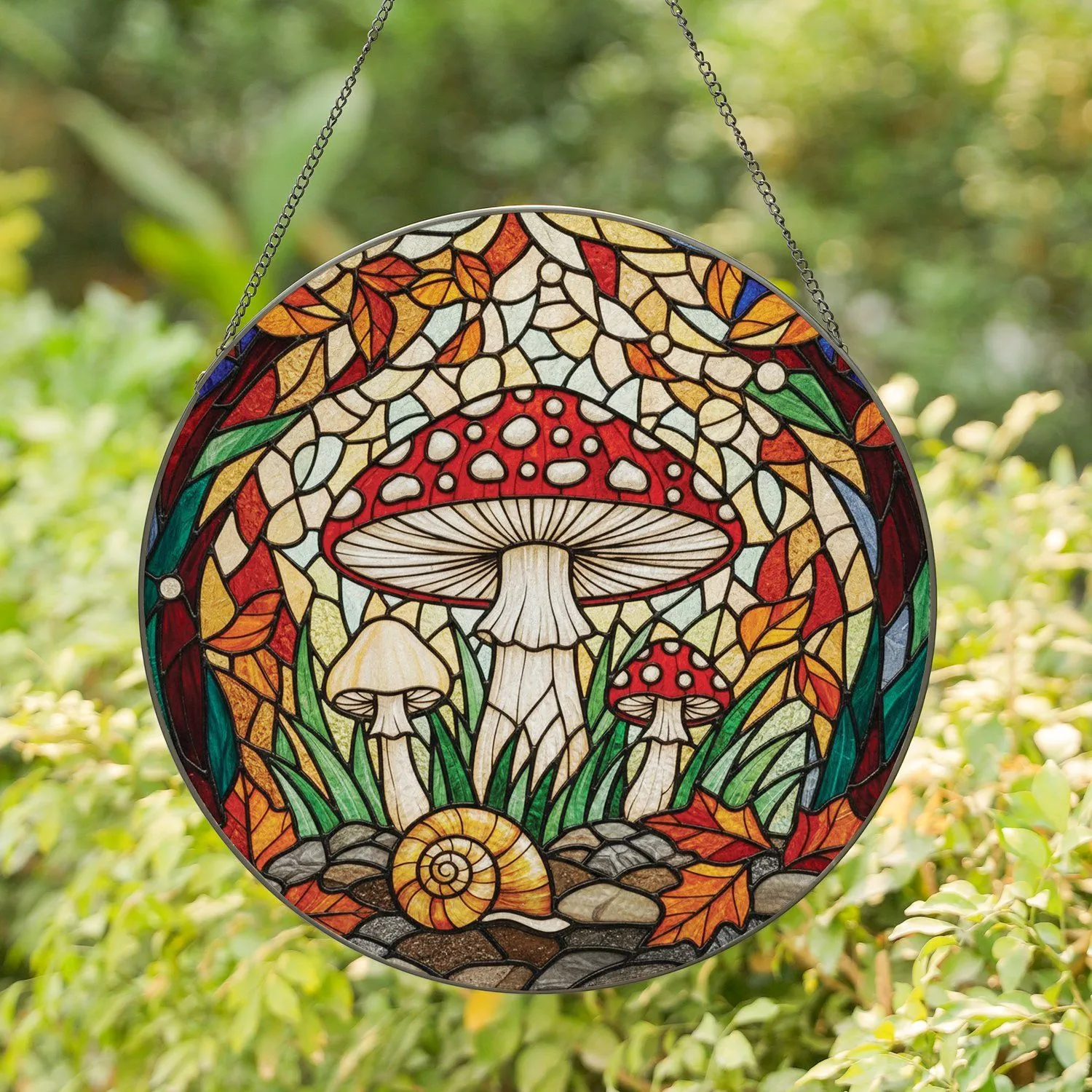 Red Mushroom Snail Shell Autumn Leaves - Woodland Garden Home Decor Gift for Nature Lovers Stained Glass Suncatcher - 1