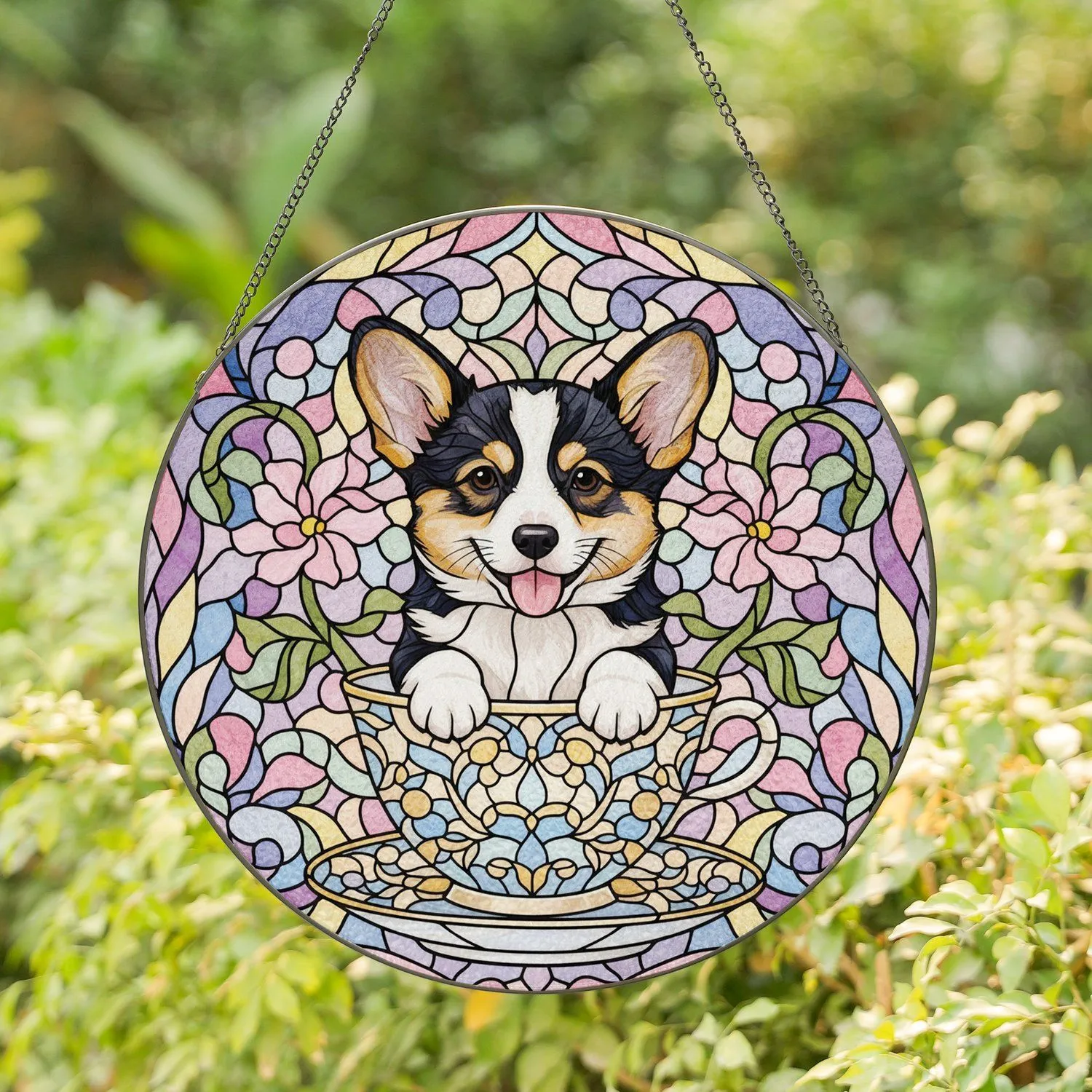 Tri-Color Corgi Puppy Teacup Pink Flowers - Home Decor Gift for Corgi Lover Stained Glass Suncatcher - 1