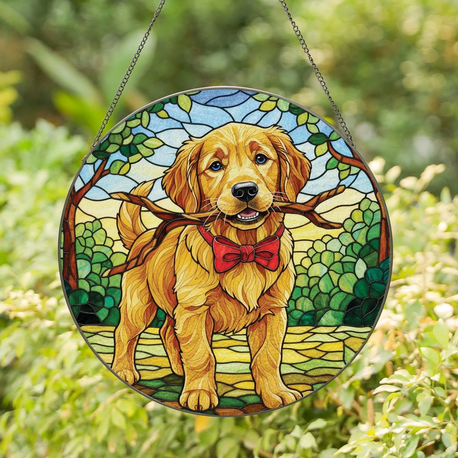 Golden Retriever Puppy Holding Stick Red Bow Tie Foliage Sky - Home Decor Gift for Dog Lover Stained Glass Suncatcher - 1