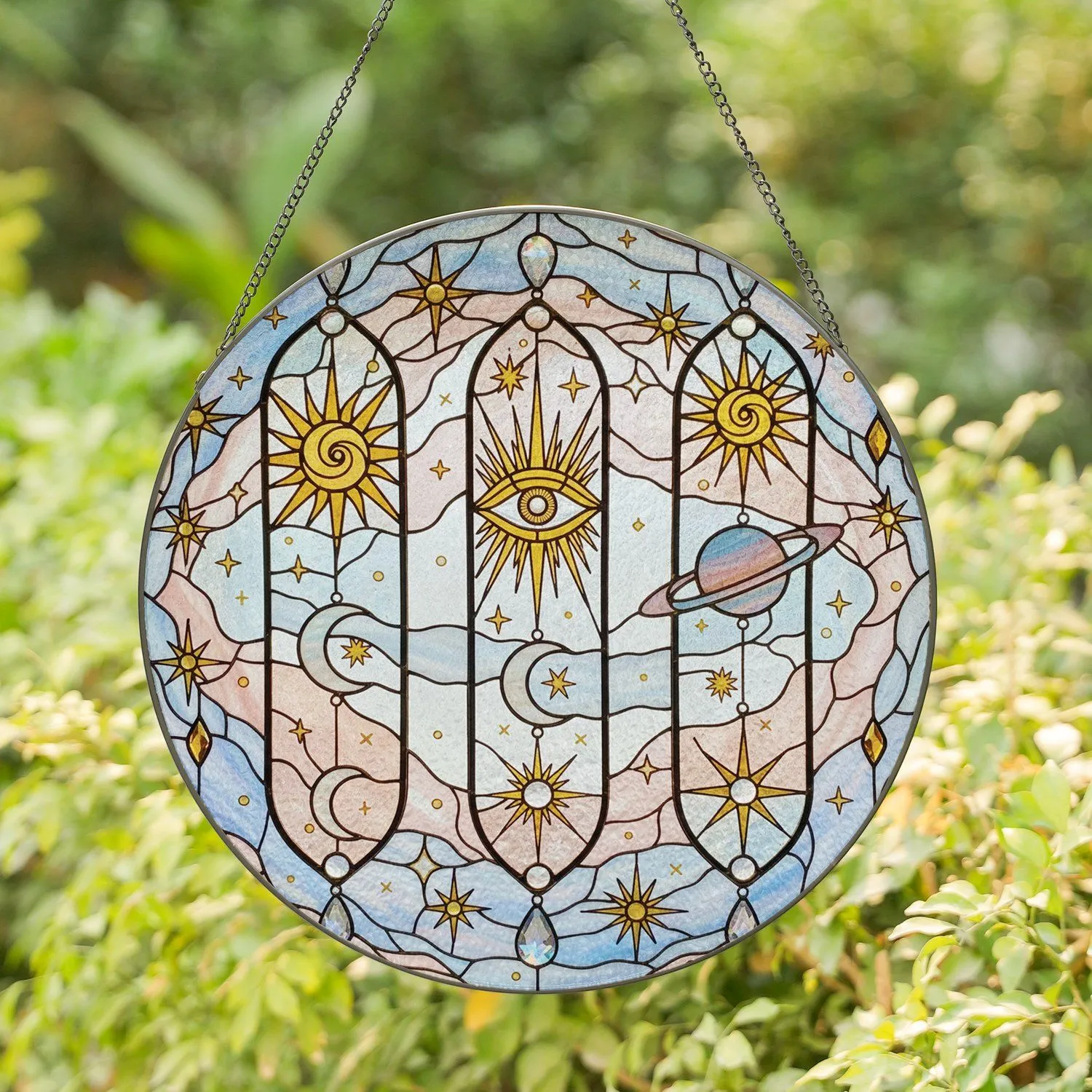 Mystic Eye Sunburst Moons Ringed Planet Golden Loops Crystal Glass - Home Decor Gift Stained Glass Suncatcher - 1