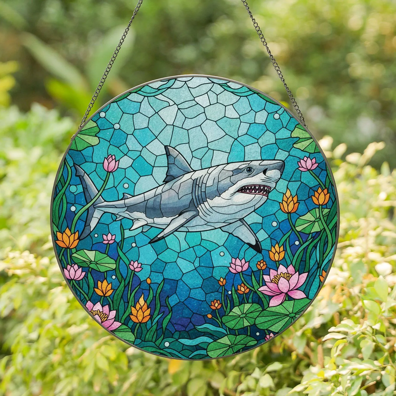 Great White Shark Water Lilies - Wildlife Lover Home Decor Gift Stained Glass Suncatcher - 1