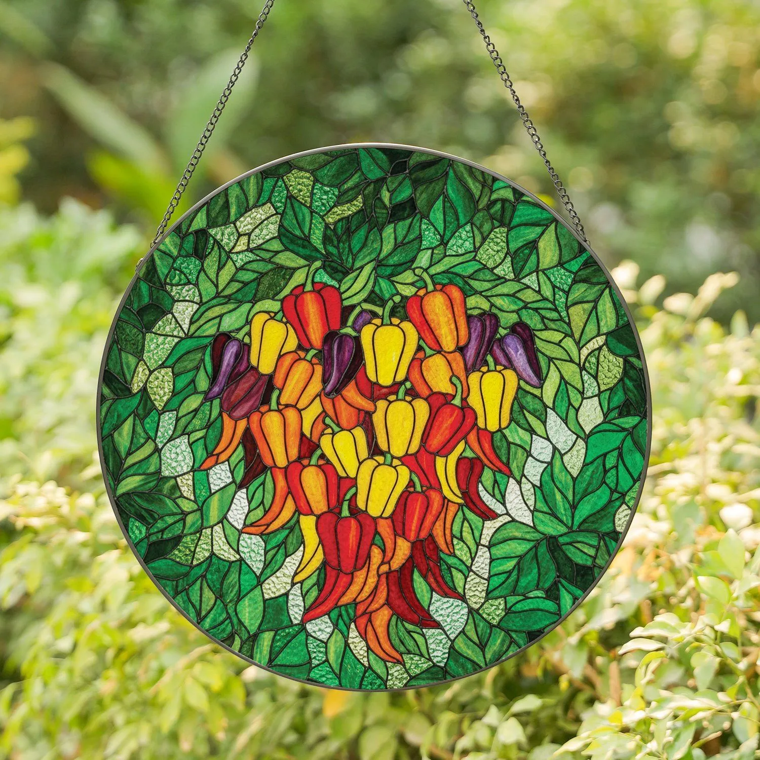 Bell Peppers Chili Peppers Leaf Cluster Mosaic - Kitchen Home Decor Gift for Foodie Stained Glass Suncatcher - 1