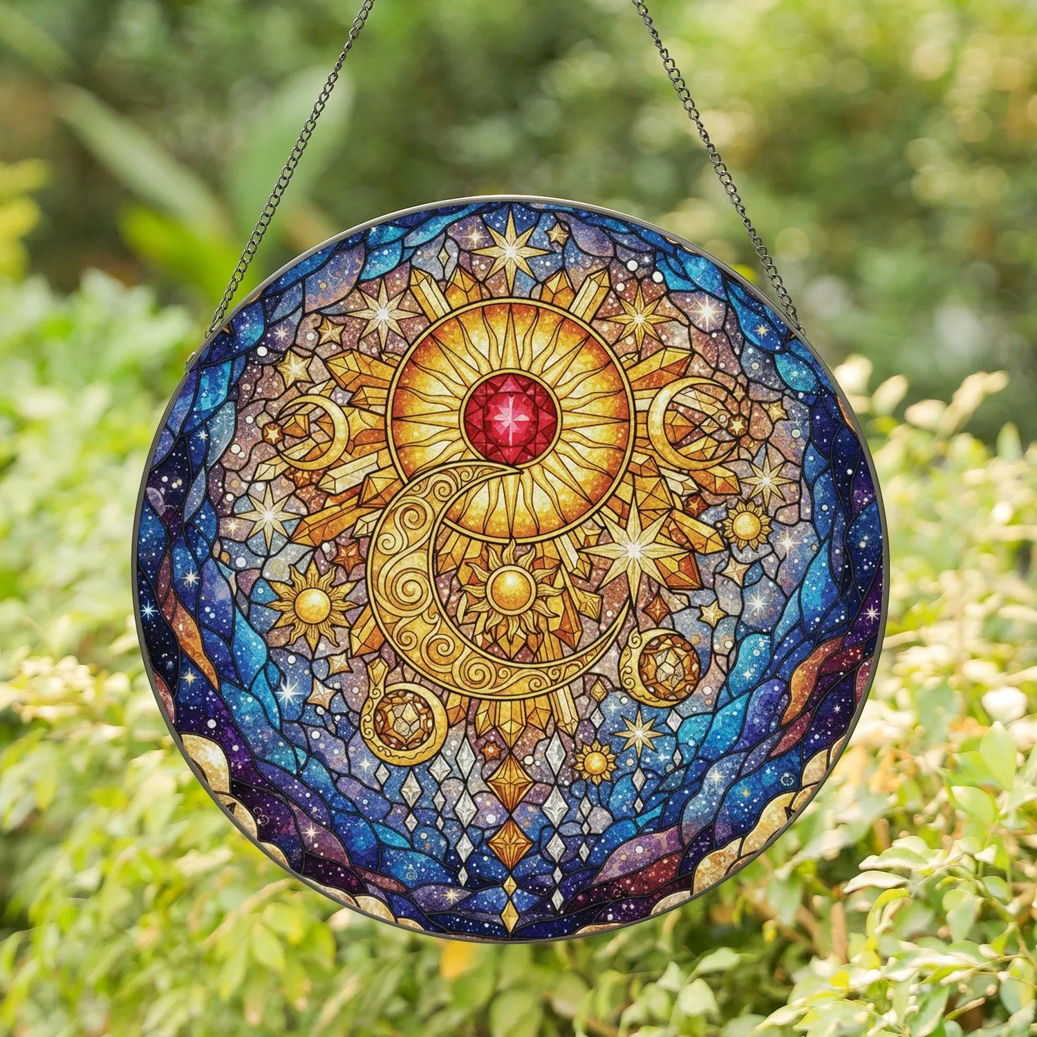 Golden Sun Crescent Moon Celestial Tapestry - Home Decor Gift for Stargazer Stained Glass Suncatcher - 1