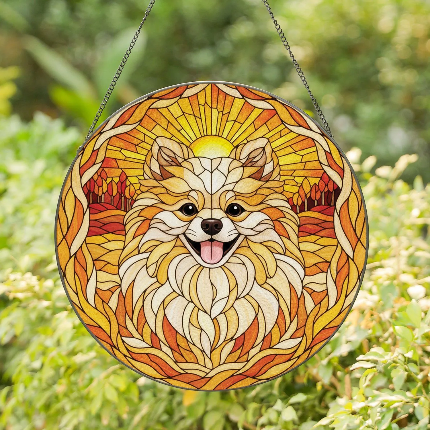 Smiling Fluffy Pomeranian Dog Sunset Landscape - Home Decor Gift for Dog Lovers Stained Glass Suncatcher - 1
